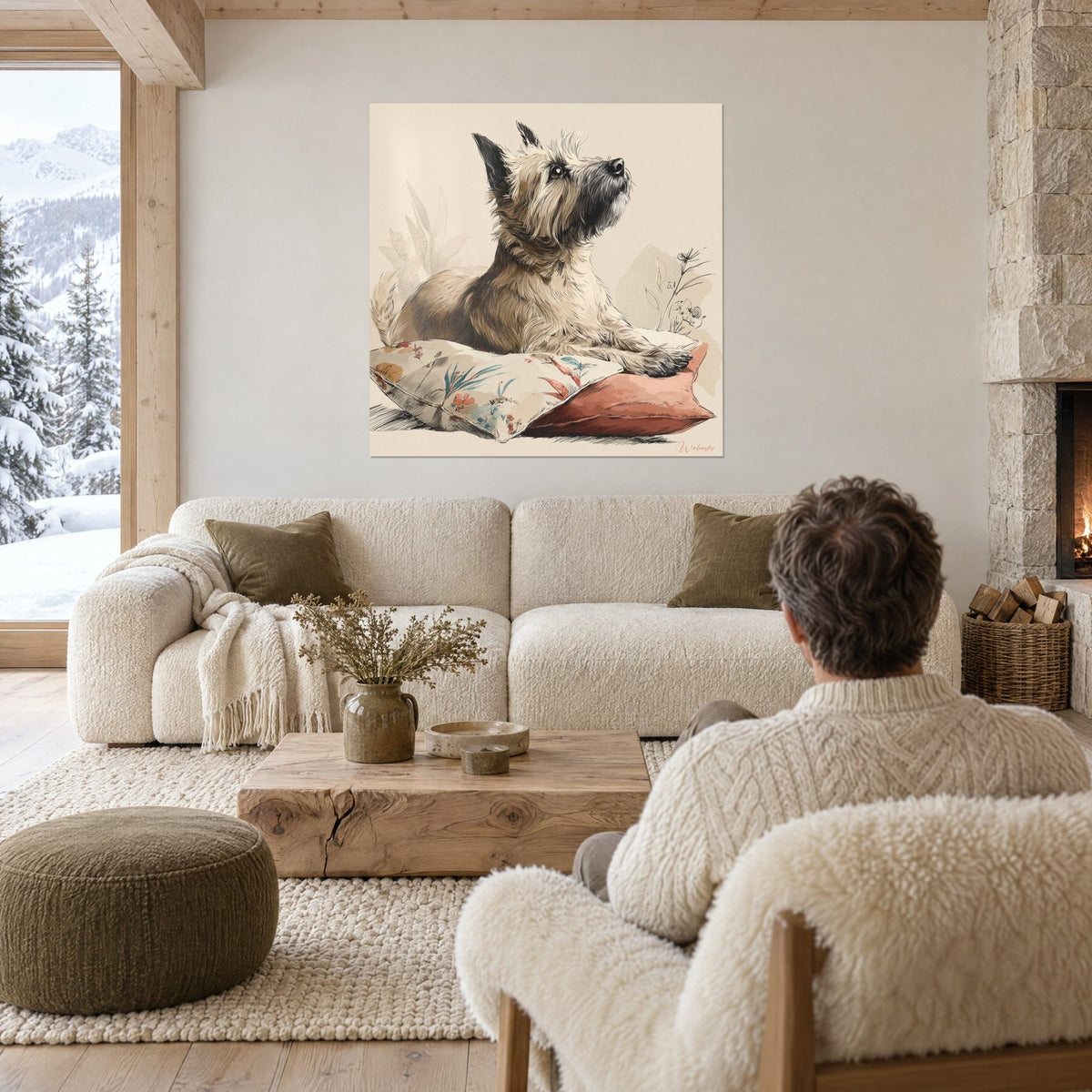 Quadro terrier beige con muso nero che alza la testa, cuscini fioriti rosa e crema, sopra un divano in un soggiorno luminoso