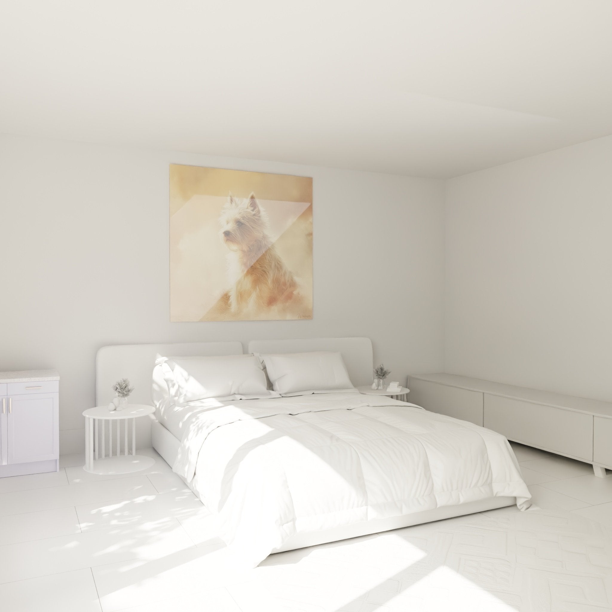 Tableau Cairn Terrier doré accroché au-dessus d'un lit dans chambre moderne aux tons neutres et coussins