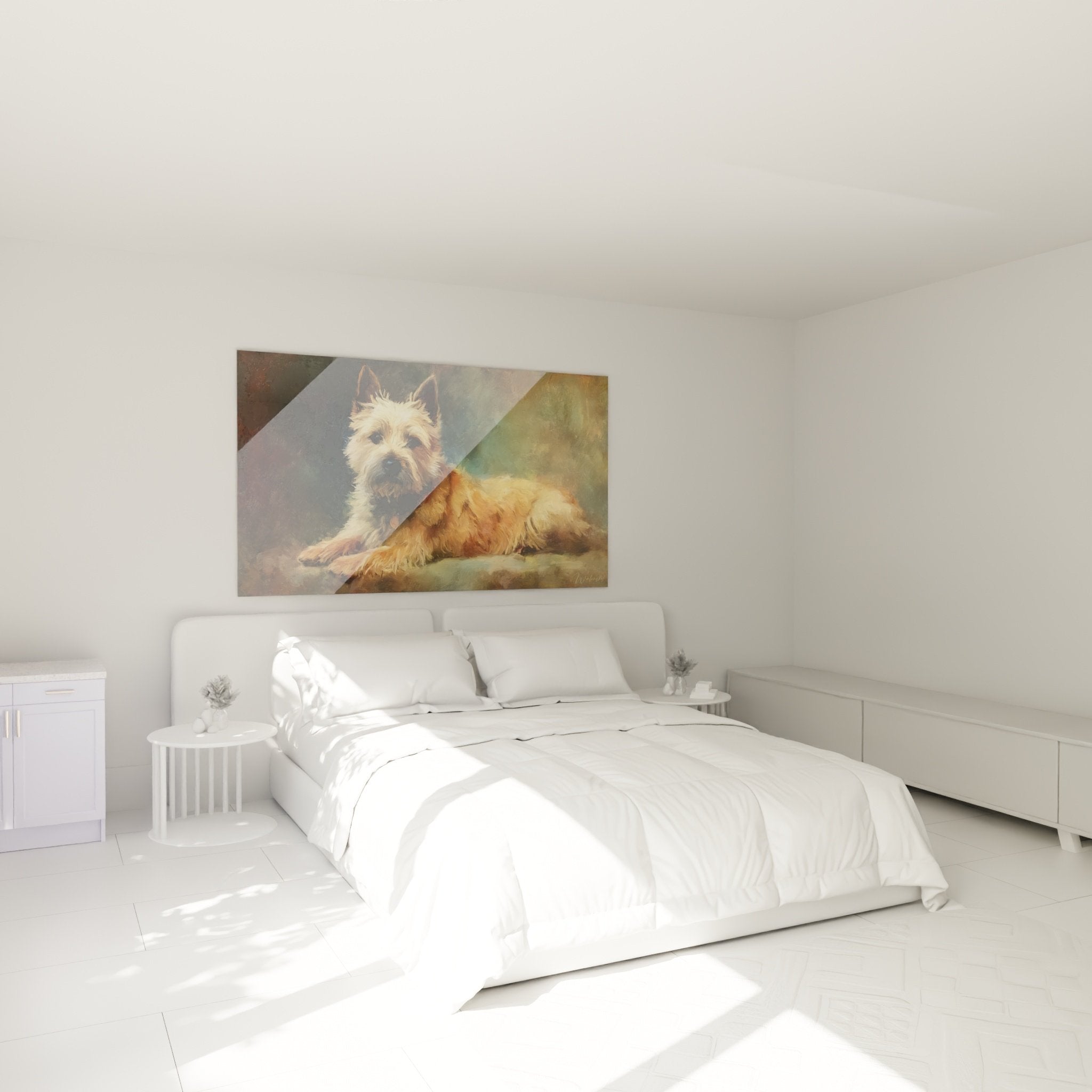 Tableau Cairn Terrier doré décorant une chambre aux tons naturels et apaisants