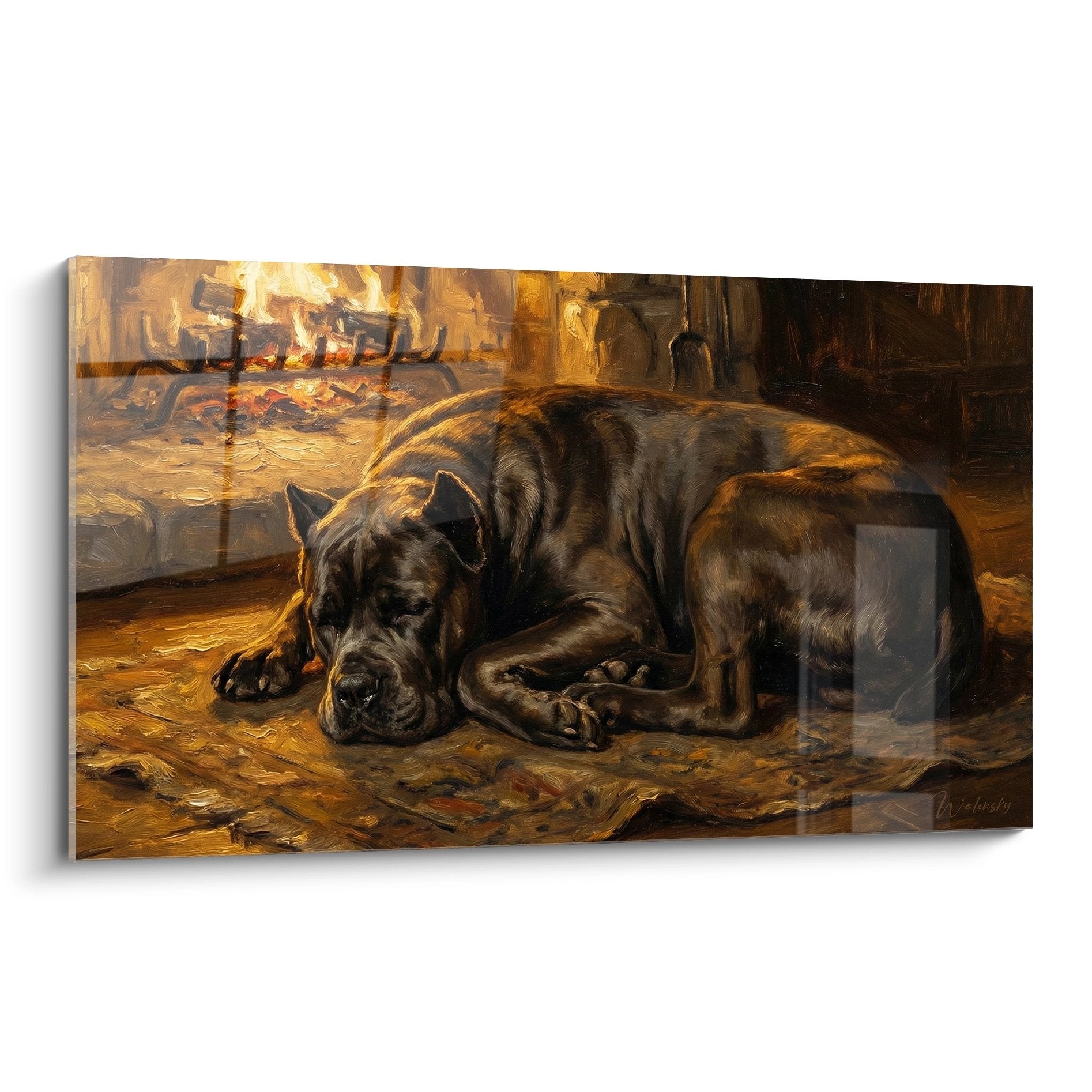 Tableau peinture Cane Corso au repos pres cheminee tons dores ambiance chaleureuse decoration murale