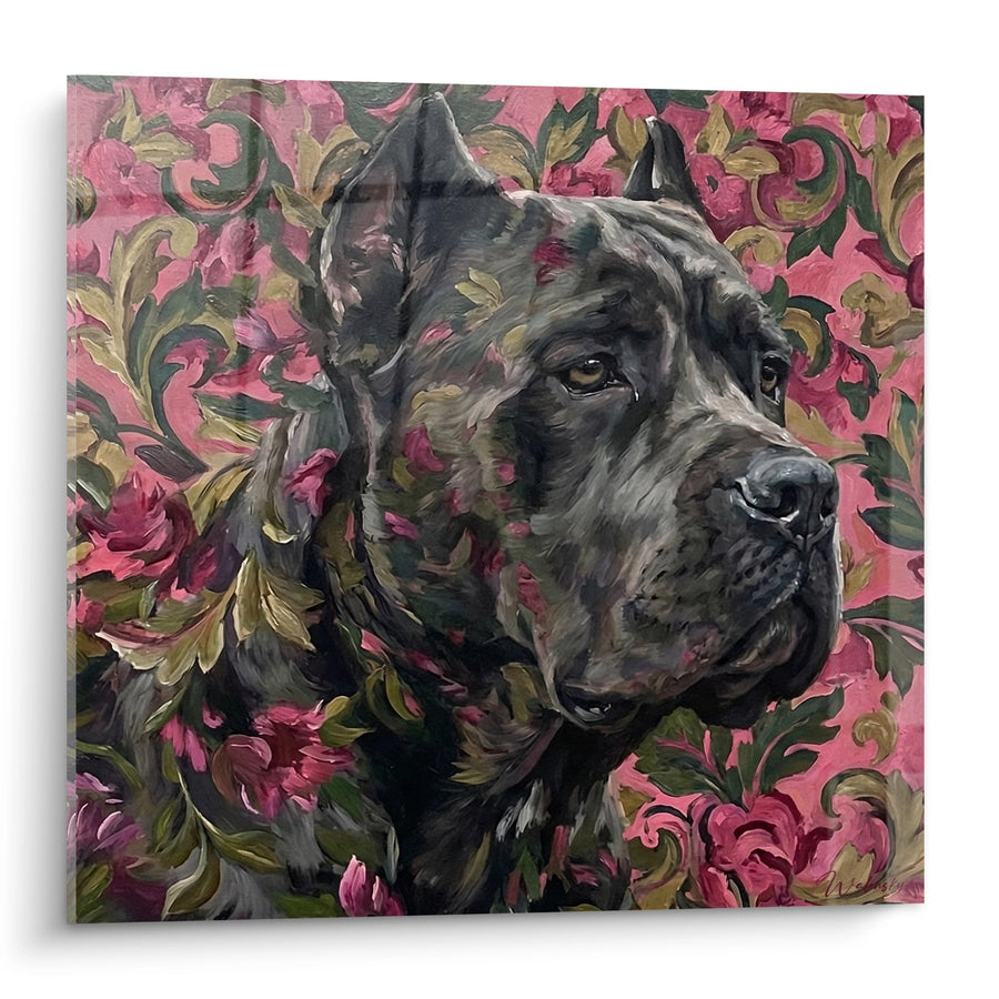 Tableau Cane Corso Gris sur Fond Floral Rose - Portrait Baroque - Edition Cane Corso