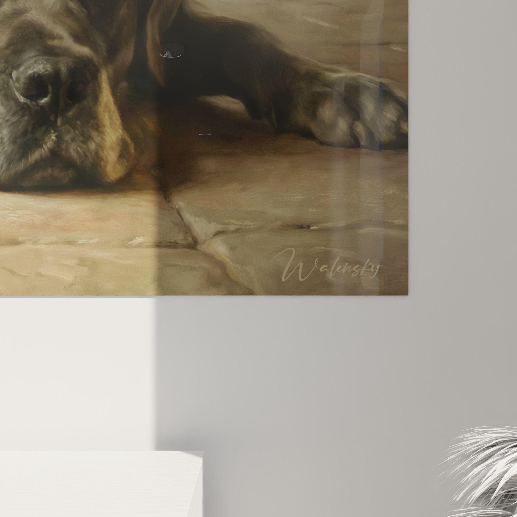 Vue d'ensemble tableau Cane Corso allongé, lumière dorée sur carrelage, style artistique classique