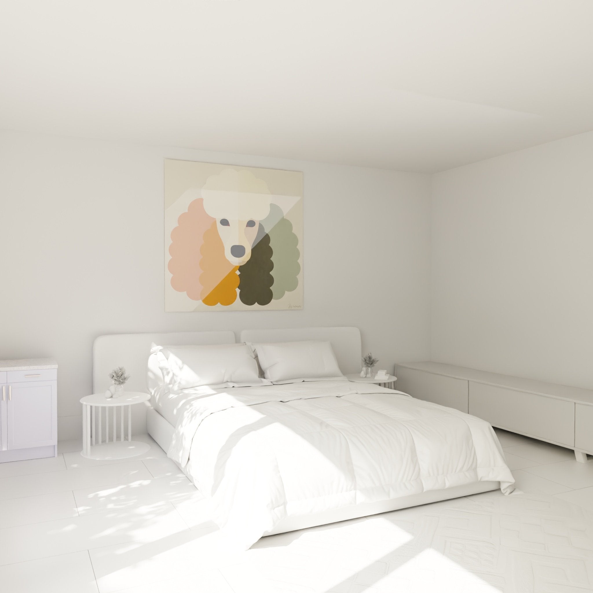 Modernes geometrisches Pudel-Wandbild aufgehängt in zeitgenössischem Schlafzimmer mit weißen Wänden
