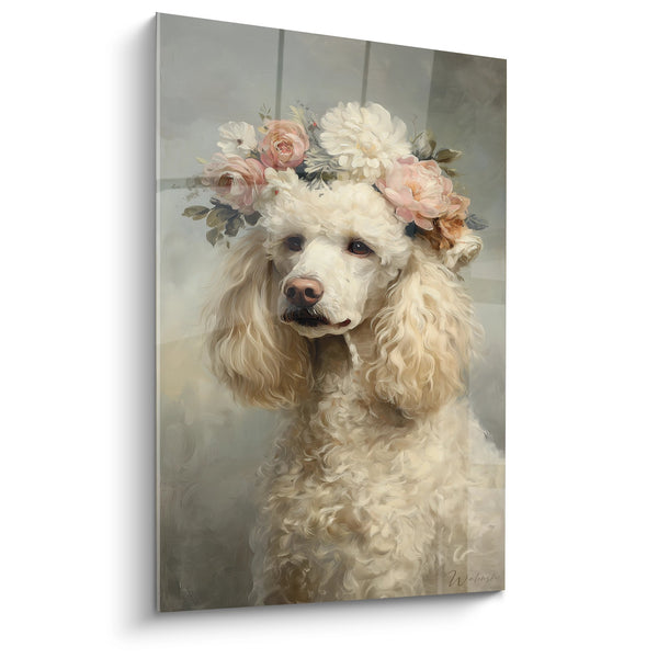 Cuadro de Caniche Blanco con Corona de Flores Rosadas - Retrato Romántico - Edición Caniche