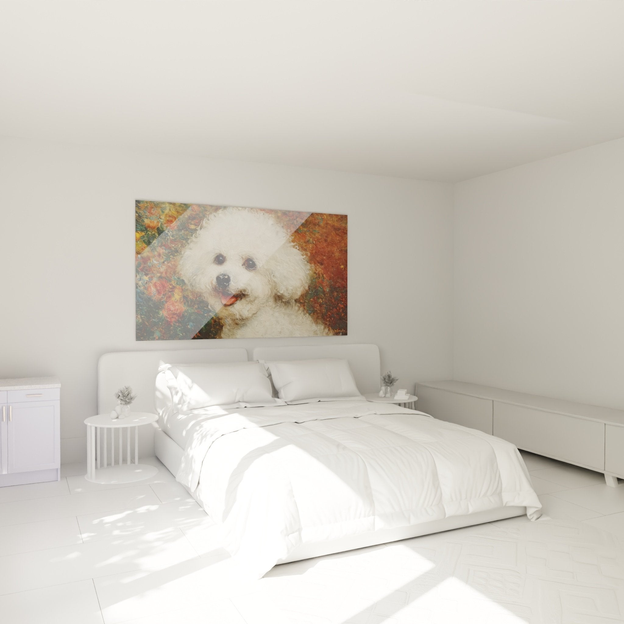Caniche blanc au regard tendre dans chambre moderne murs clairs decoration murale chaleureuse ambiance cosy