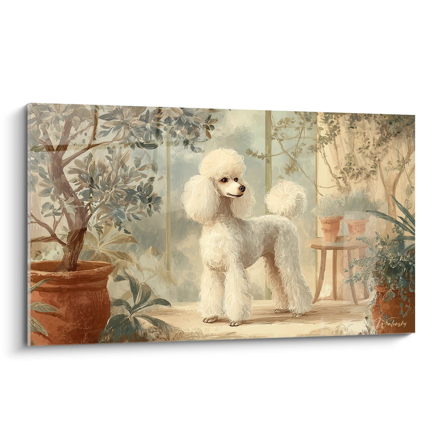 Schilderij Elegante Witte Poedel in Wintertuin - Victoriaanse Verfijning - Poedel Editie