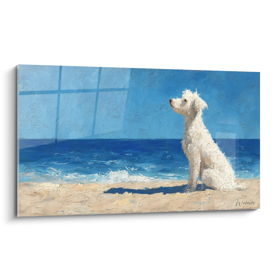 Tableau Caniche Blanc sur Plage au Bord de l'Océan - Contemplation Marine - Edition Caniche