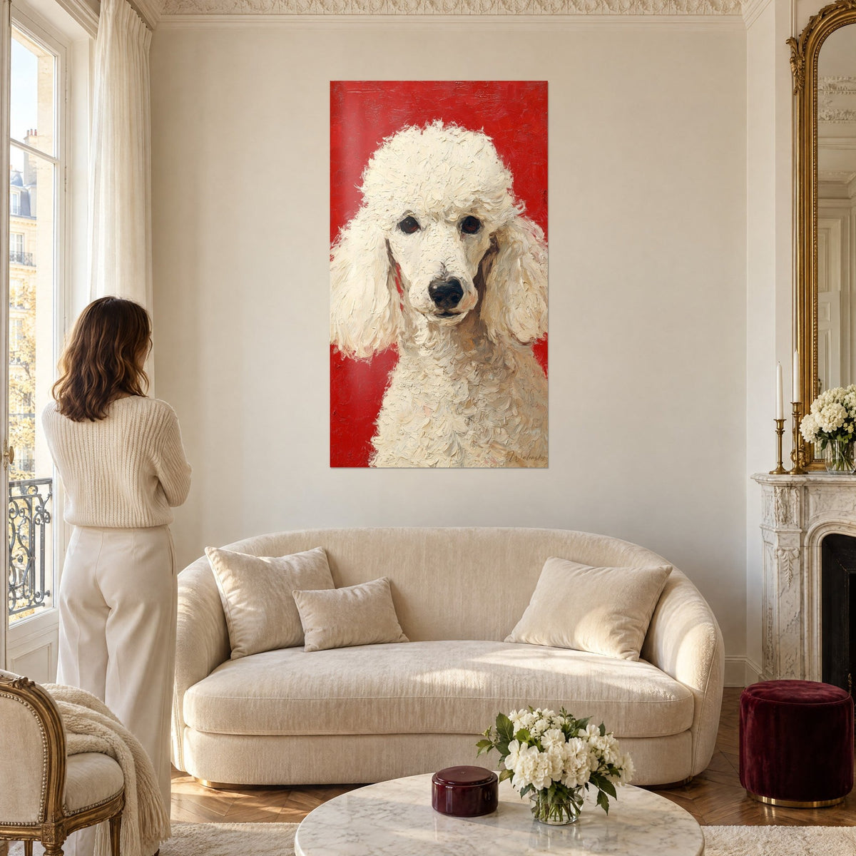 Schilderij witte krullende poedel, felrood achtergrond, zwarte neus en donkere ogen, vrouw van achteren, boven een bank in een lichte woonkamer