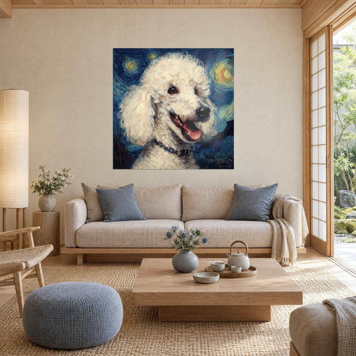 Wall art white poodle with pink tongue, midnight blue starry sky with yellow spirals, above a sofa in a bright living room