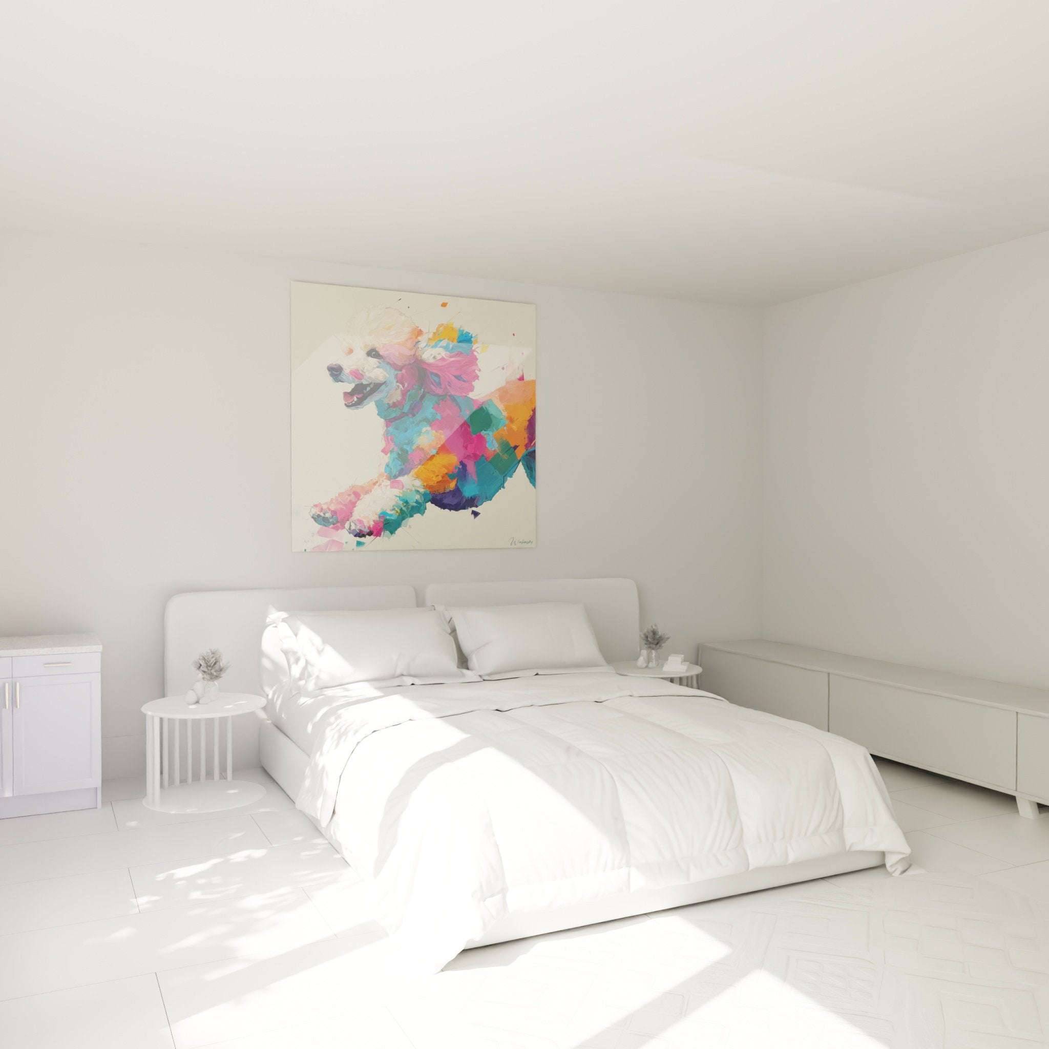 Mehrfarbiges Pudel-Gemälde dekoriert modernes Schlafzimmer mit weißer Wand, zeitgenössischen Möbeln und farbenfroher künstlerischer Atmosphäre