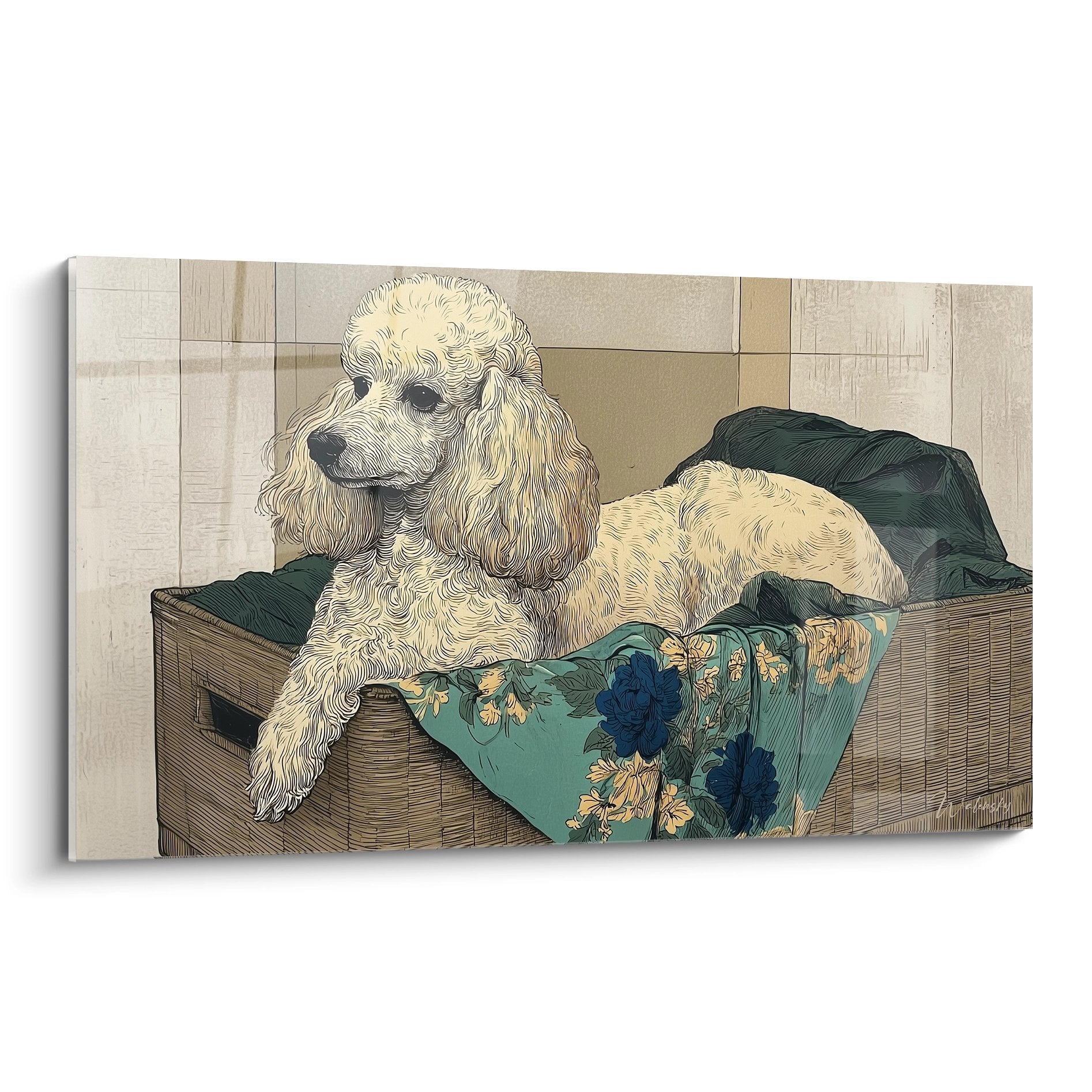 Tableau caniche creme dans panier bambou avec tissu turquoise fleuri style japonisant elegance orientale