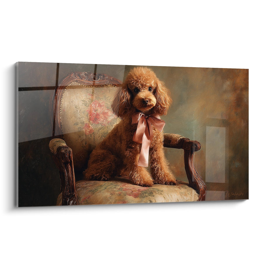 Schilderij Elegante Poedel met Roze Strik op Antieke Fauteuil - Aristocratisch Portret - Poedel Editie