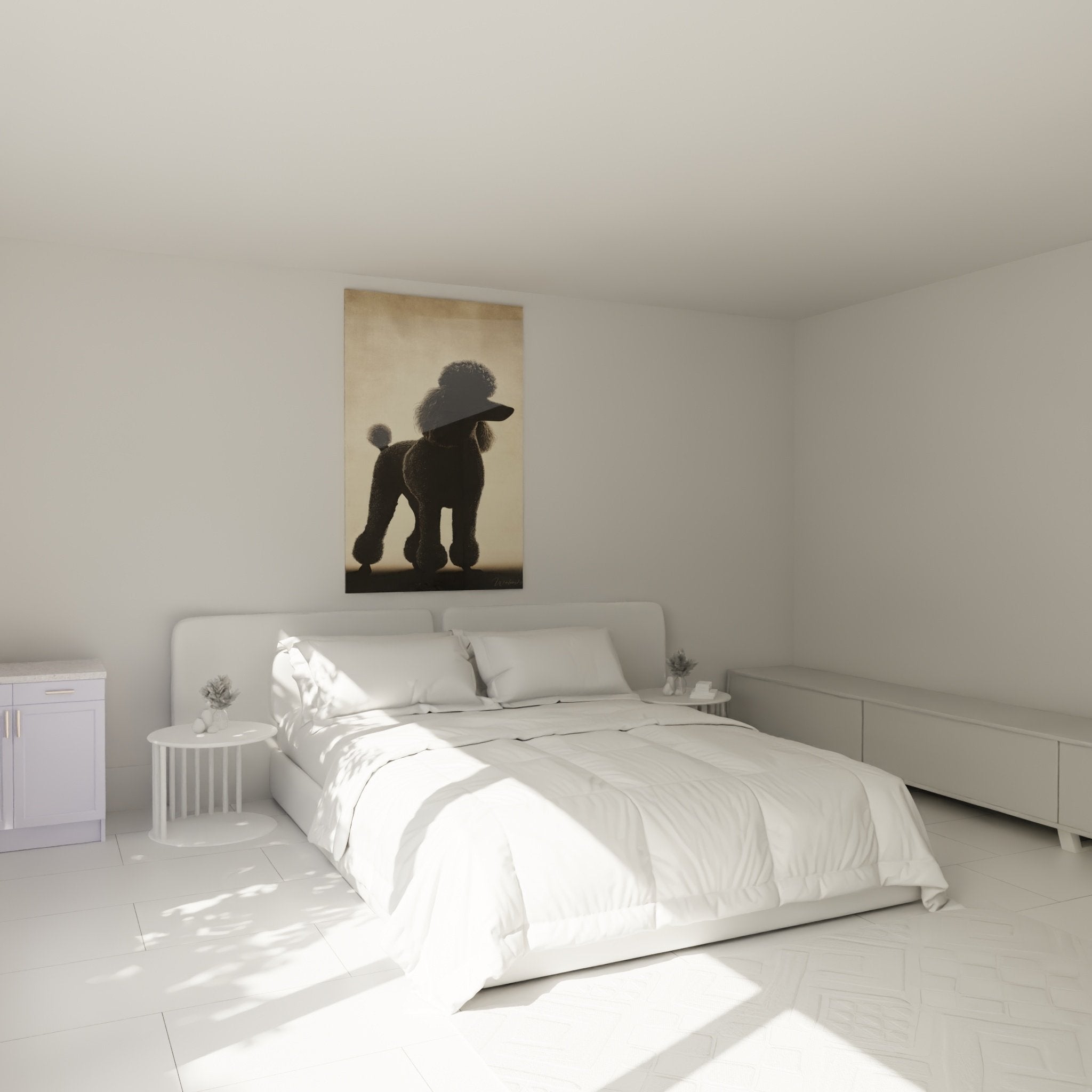 Schwarzes Pudel-Silhouetten-Wandbild dekoratives Schlafzimmer beige Wand beruhigende moderne Atmosphäre
