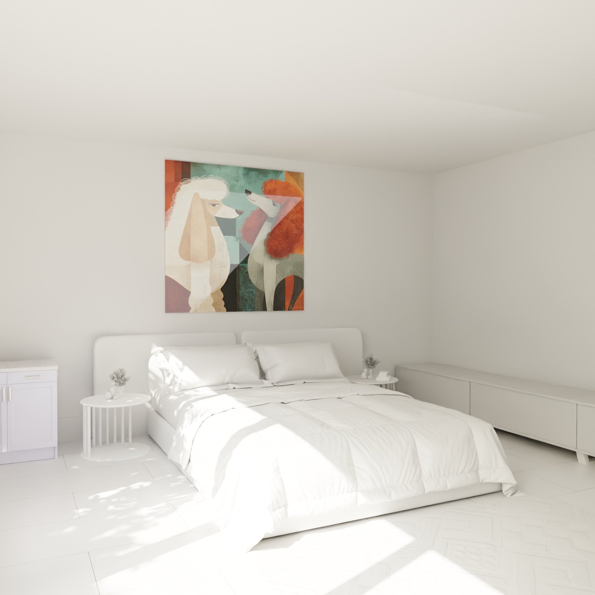 Duo-Gemälde von Pudeln mit spiralförmigen Texturen in einem modernen Schlafzimmer mit hellen Wänden