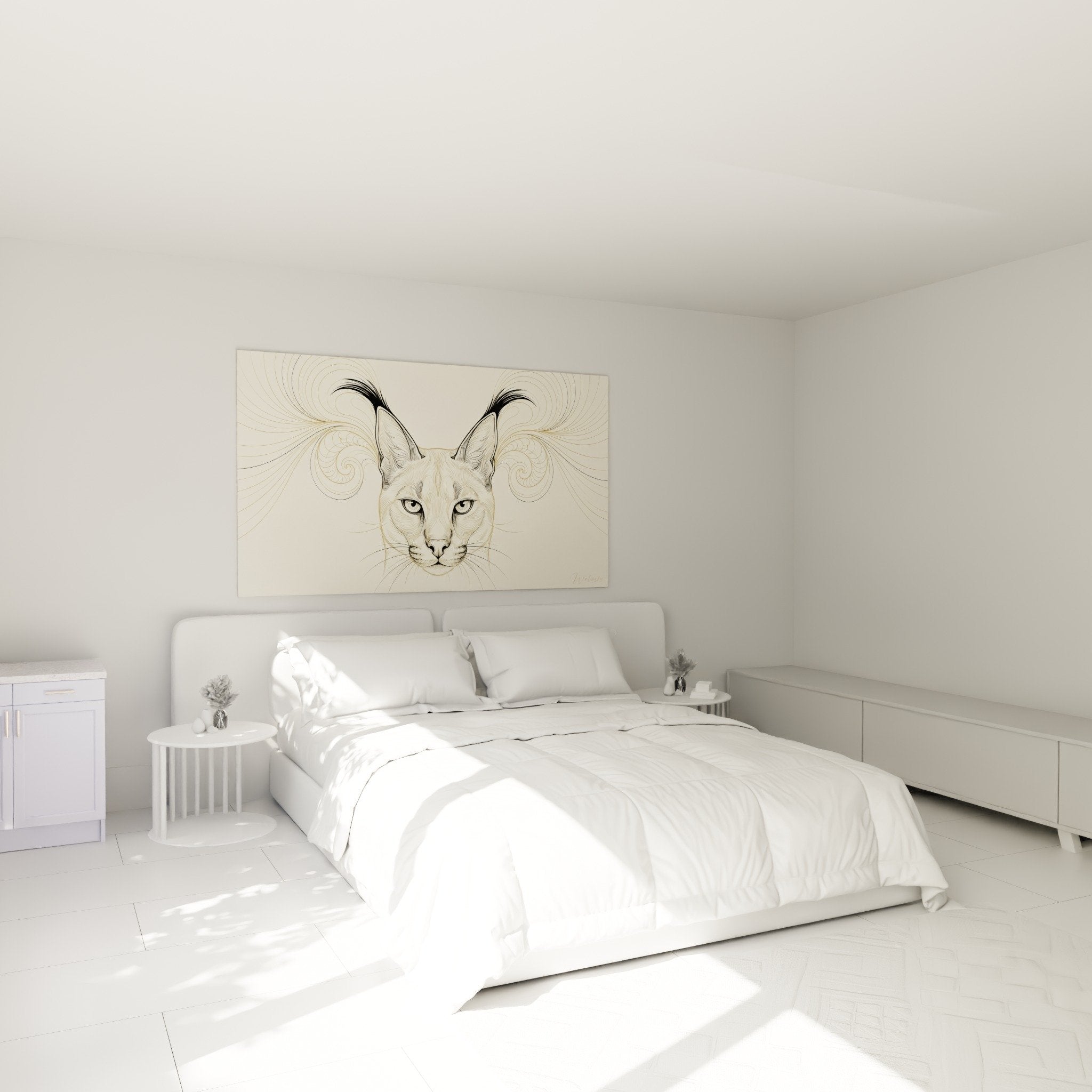 Goldenes Caracal-Gemälde in modernem Schlafzimmer aufgehängt, warme und raffinierte Atmosphäre mit beiger Dekoration