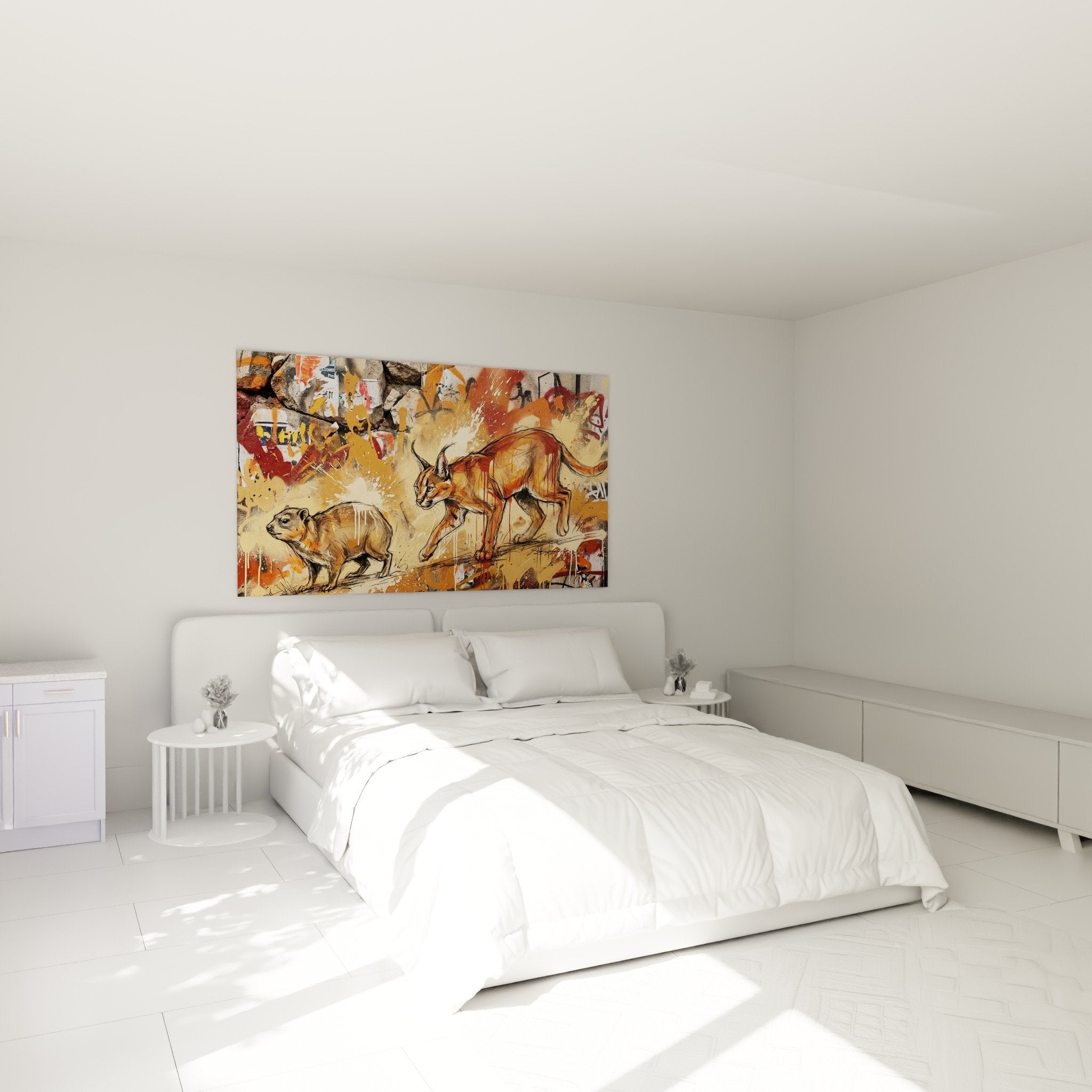 Caracal-Instinkt-Wildnis-Gemälde im modernen Schlafzimmer, Wanddekoration in Erd- und Ockertonnen