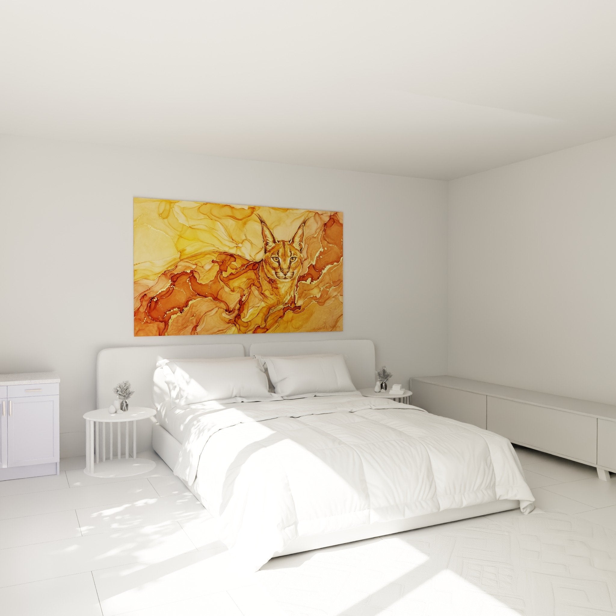 Caracal-Kunstdruck mit goldener Marmorierung dekoriert modernes Schlafzimmer mit natürlichem Holzmöbel und warmer Atmosphäre