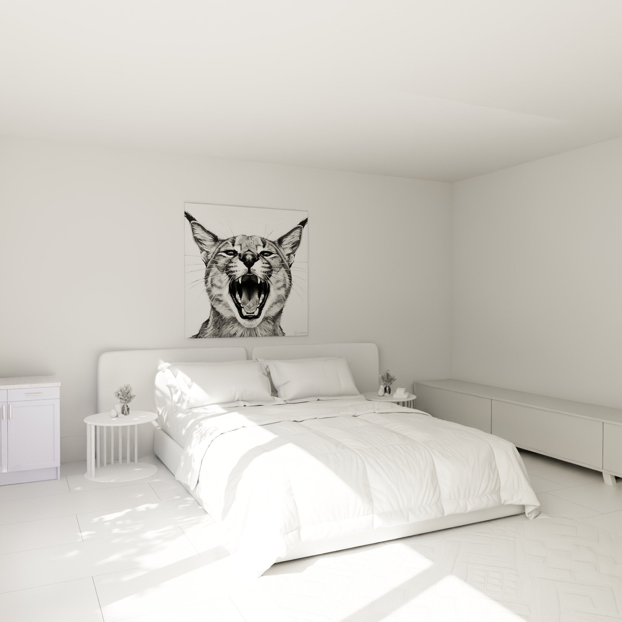 Caracal-Kunstwerk brüllend schwarz-weiß im modernen Schlafzimmer anthrazitgraue Wand zeitgenössische Möbel Raubkatzen-Dekoration