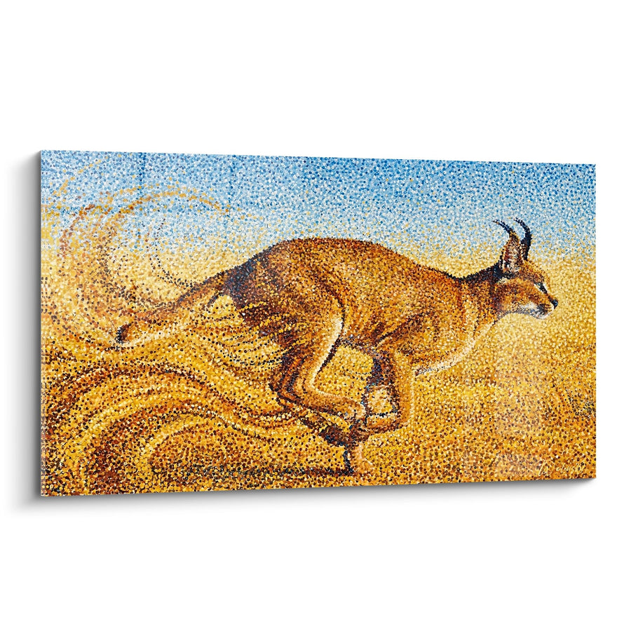 Tableau Caracal en Mouvement Technique Pointilliste Ocre et Azur - Sprint Doré - Edition Caracal