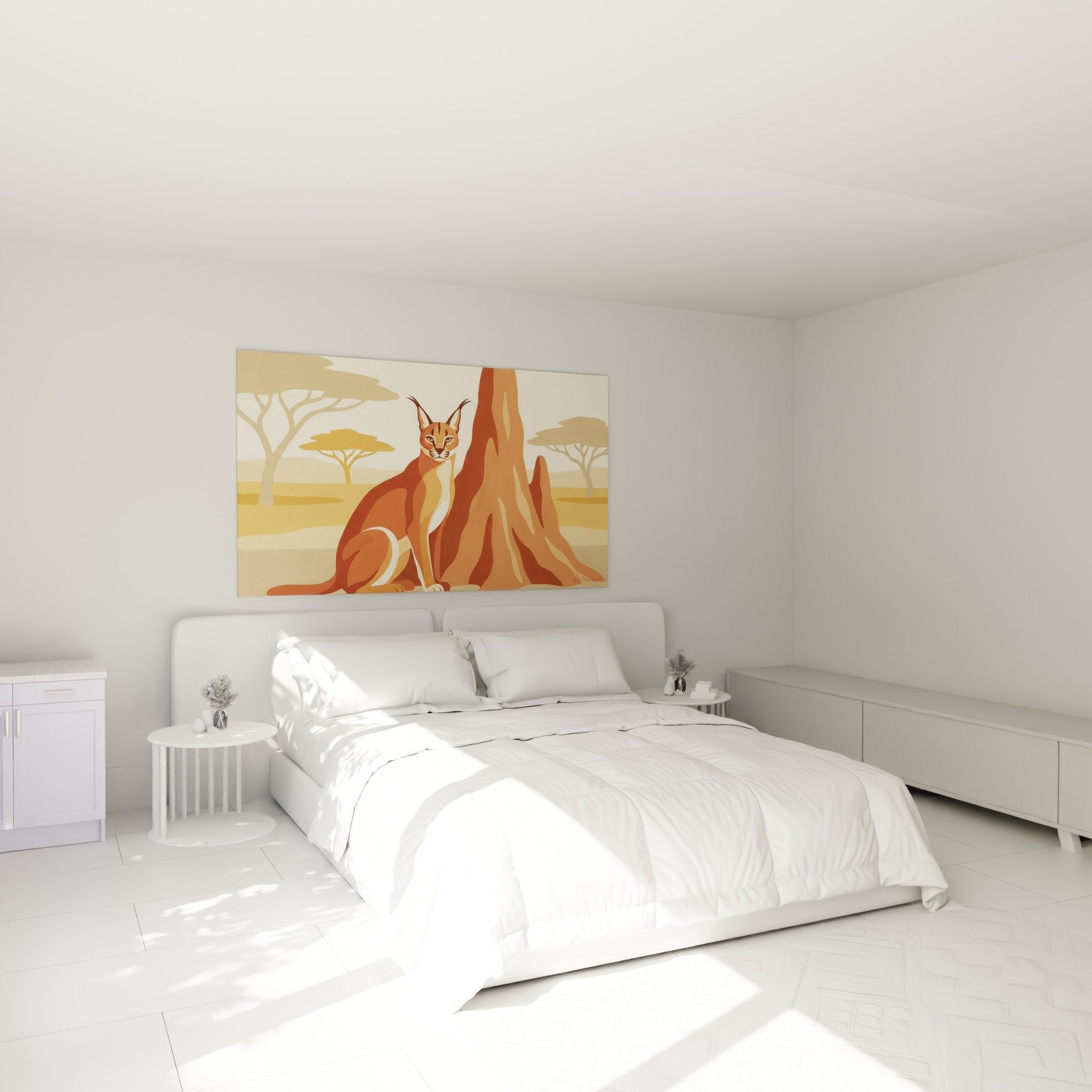 Caracal-Gemälde Savanne rostbraune beige Töne an Schlafzimmerwand aufgehängt afrikanische Feliden Wanddekoration