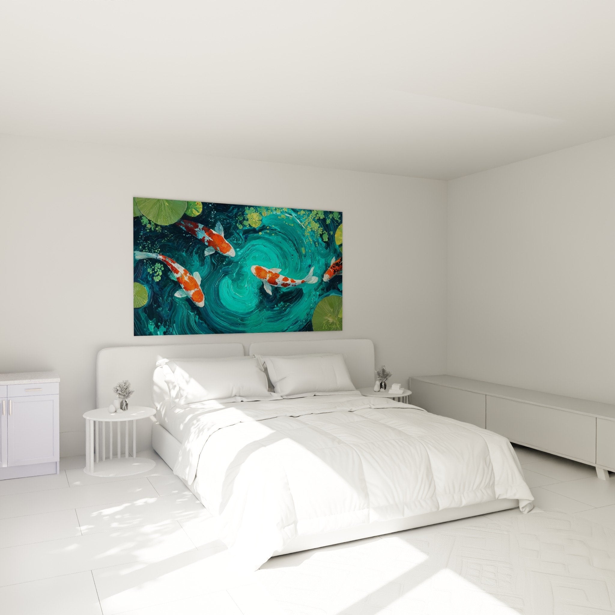 Tableau carpes koi orange chambre decoration murale zen ambiance japonaise apaisante