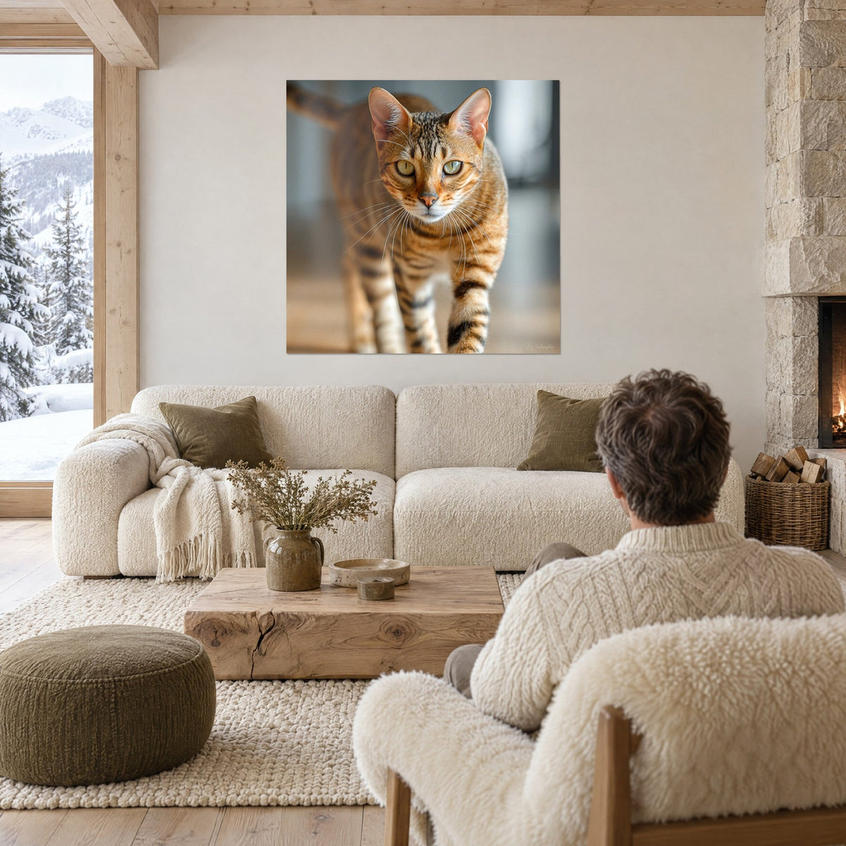 Tableau chat tigré marchant droit vers nous, yeux verts, pelage roux rayé de brun, au-dessus d'un canapé dans un salon lumineux