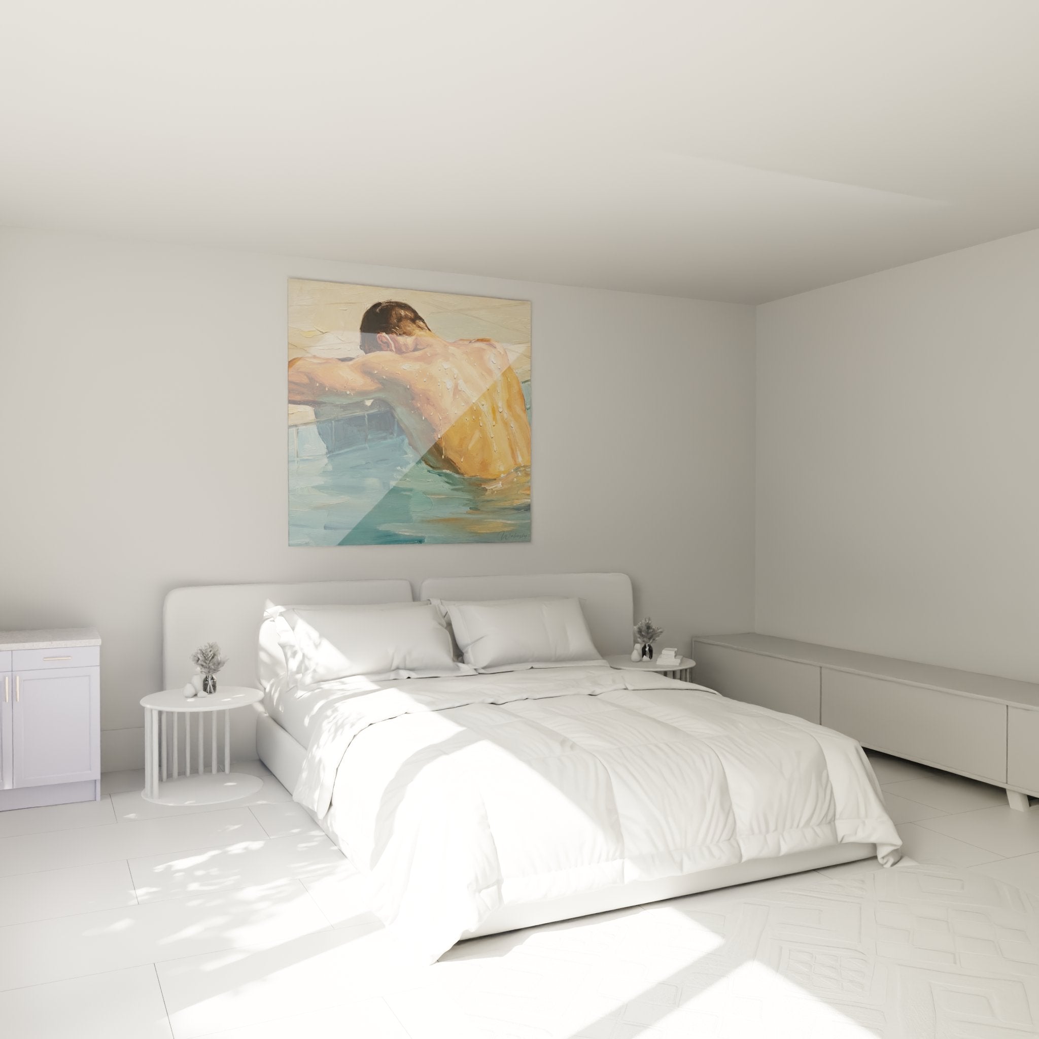 Décoration murale tableau nageur dans chambre moderne avec thème natation et sports aquatiques