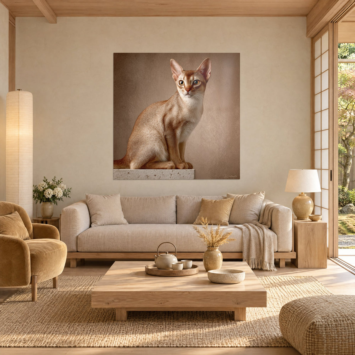 Tableau chat Singapura assis, pelage fauve et poitrail crème, grands yeux ambrés, au-dessus d'un canapé dans un salon lumineux