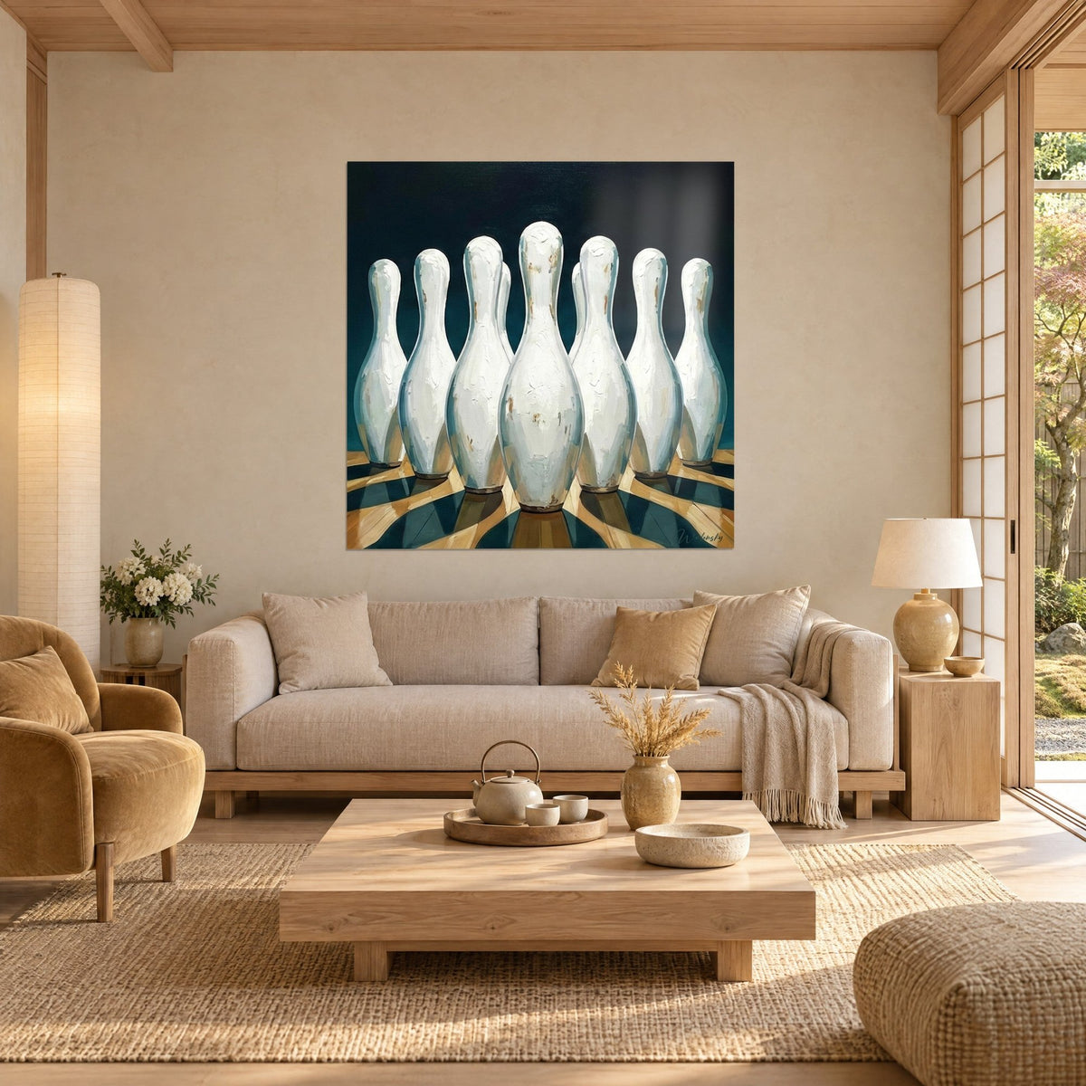Wall art nine white bowling pins chipped with rust, deep petrol blue background, honey-toned parquet floor, above a sofa in a bright living room