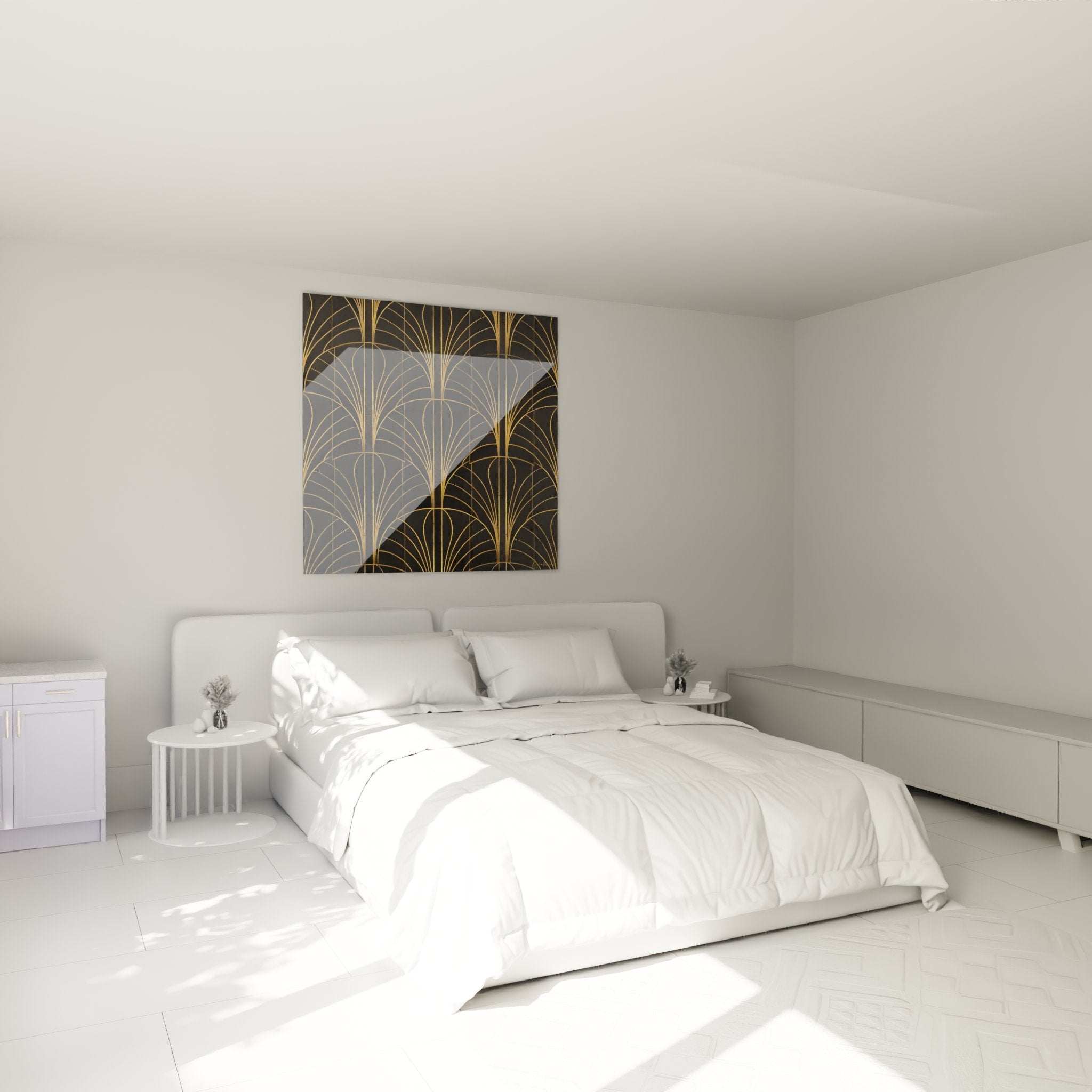 Art-Déco-Gemälde mit goldenen Fächern im modernen Schlafzimmer, sophistizierte Wanddekoration