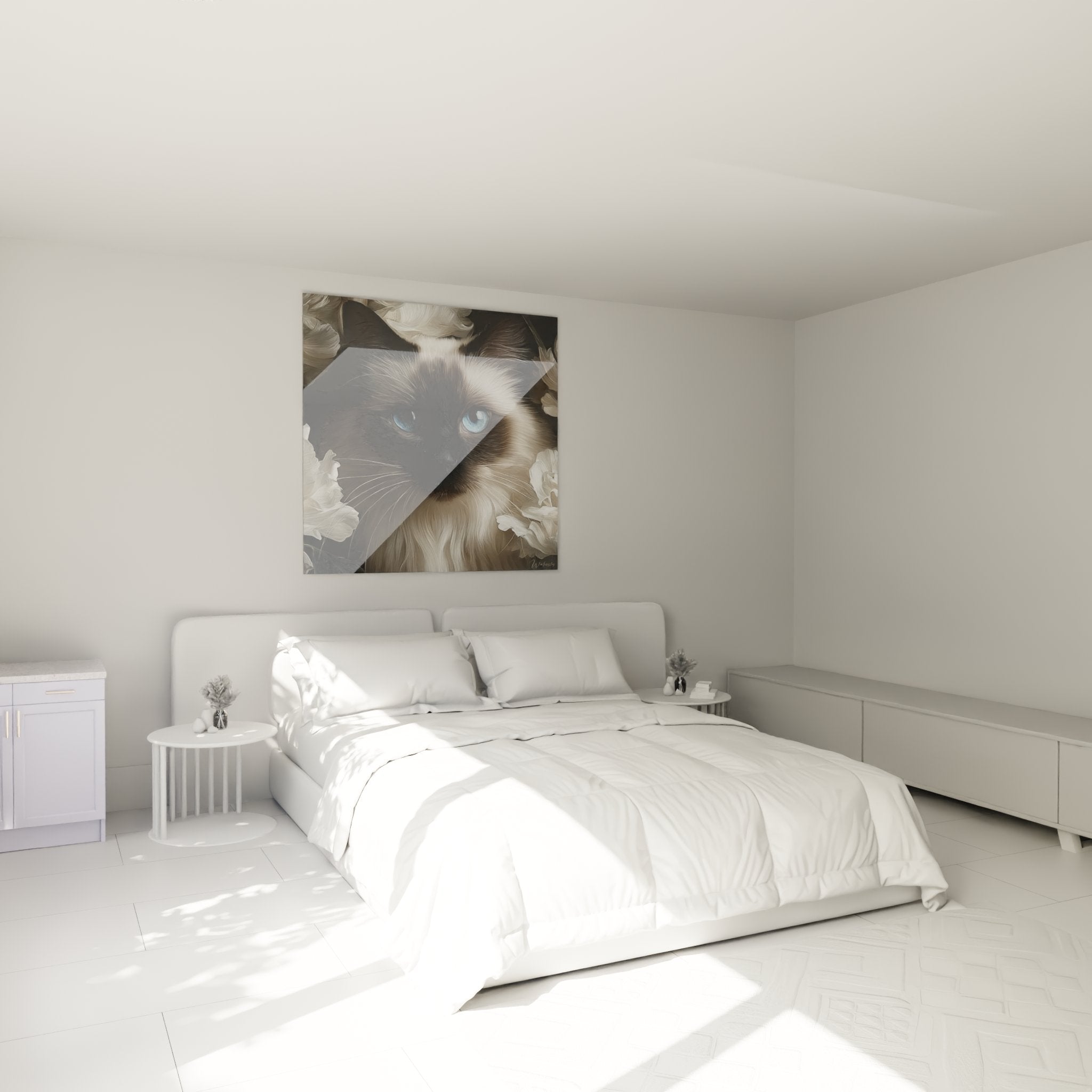 Decorazione murale camera con quadro gatto birmano occhi blu in atmosfera accogliente ed elegante