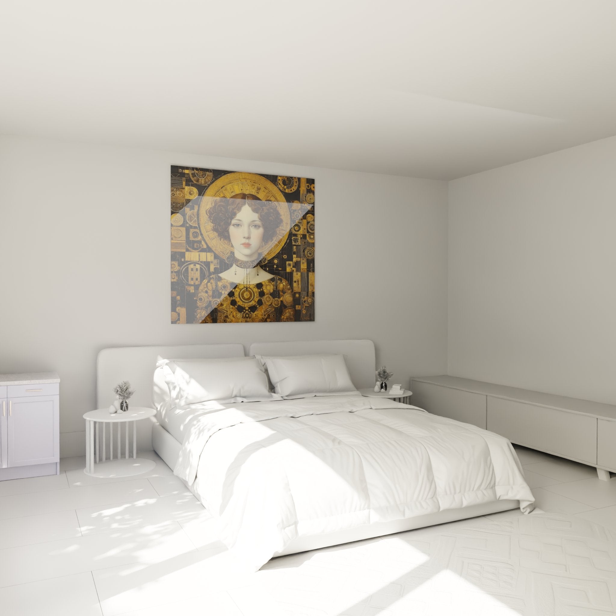 Golden Byzantine portrait painting hung in modern Art deco bedroom elegant wall decoration