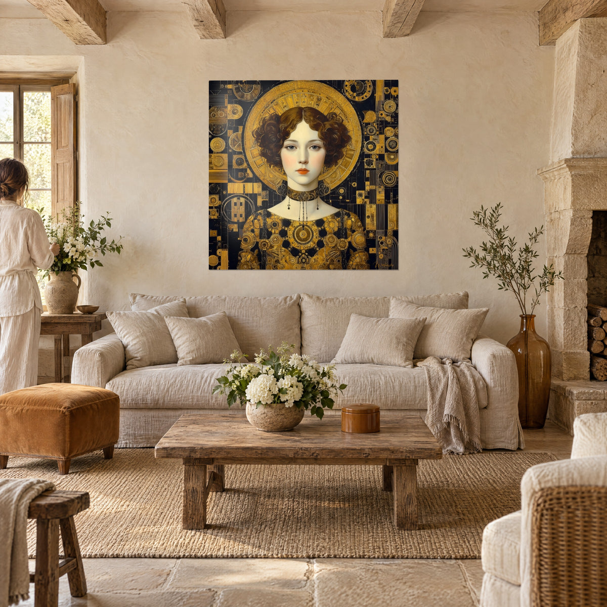 Tableau portrait byzantin à auréole d'or et boucles brunes, fond noir géométrique, personne de dos, au-dessus d'un canapé dans un salon lumineux
