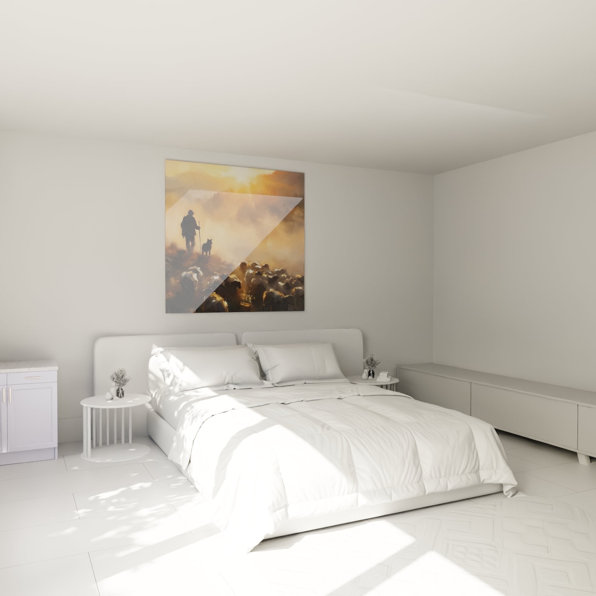 Décoration murale tableau berger pyrénéen dans une chambre moderne avec atmosphère chaleureuse et authentique