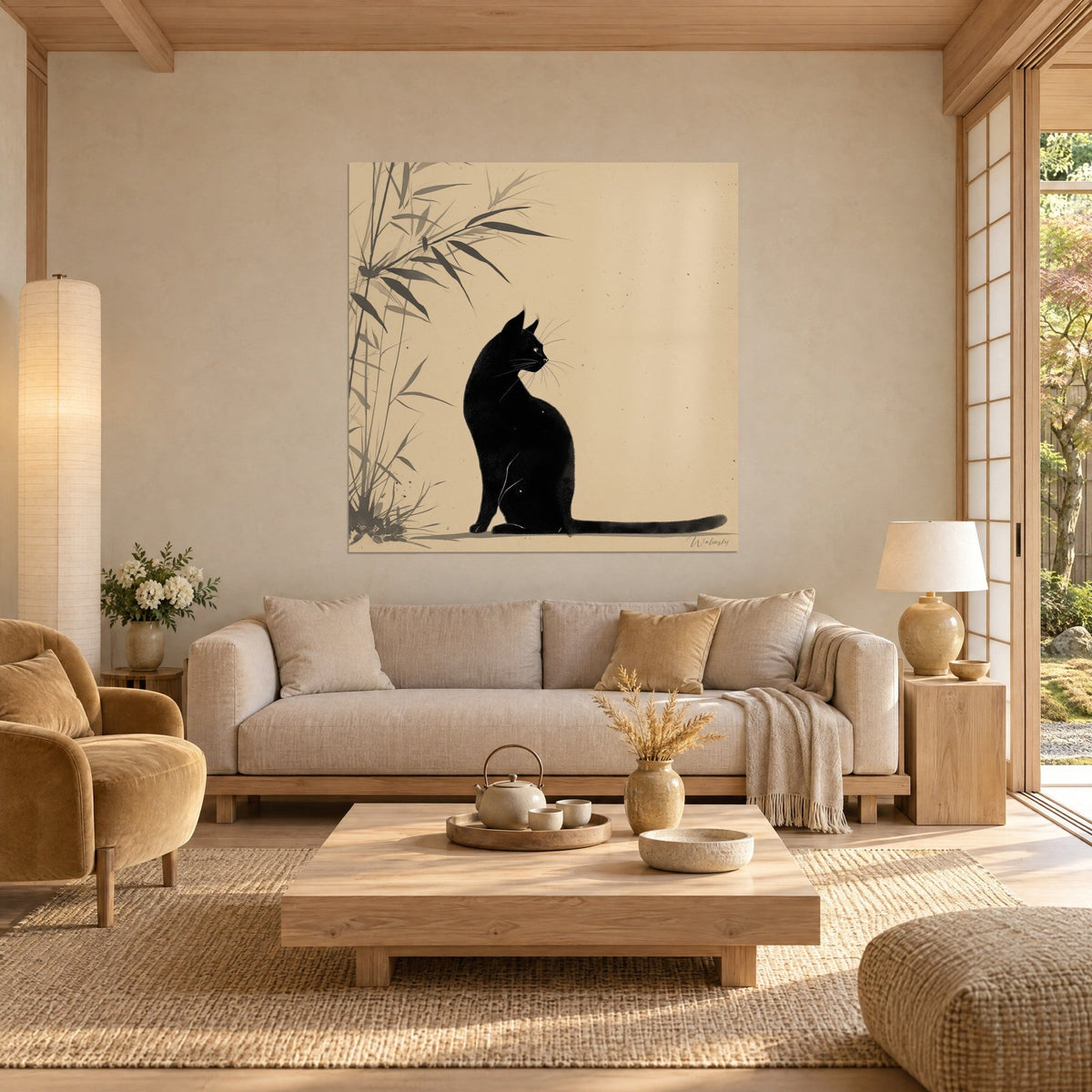 Wall art black cat sitting in profile, fine whiskers, grey bamboo on the left against a sand background, above a sofa in a bright living room