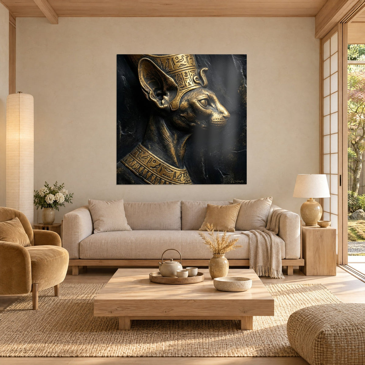 Cuadro Bastet dorada, gato Cornish Rex coronado con jeroglíficos sobre fondo negro, encima de un sofá en un salón luminoso