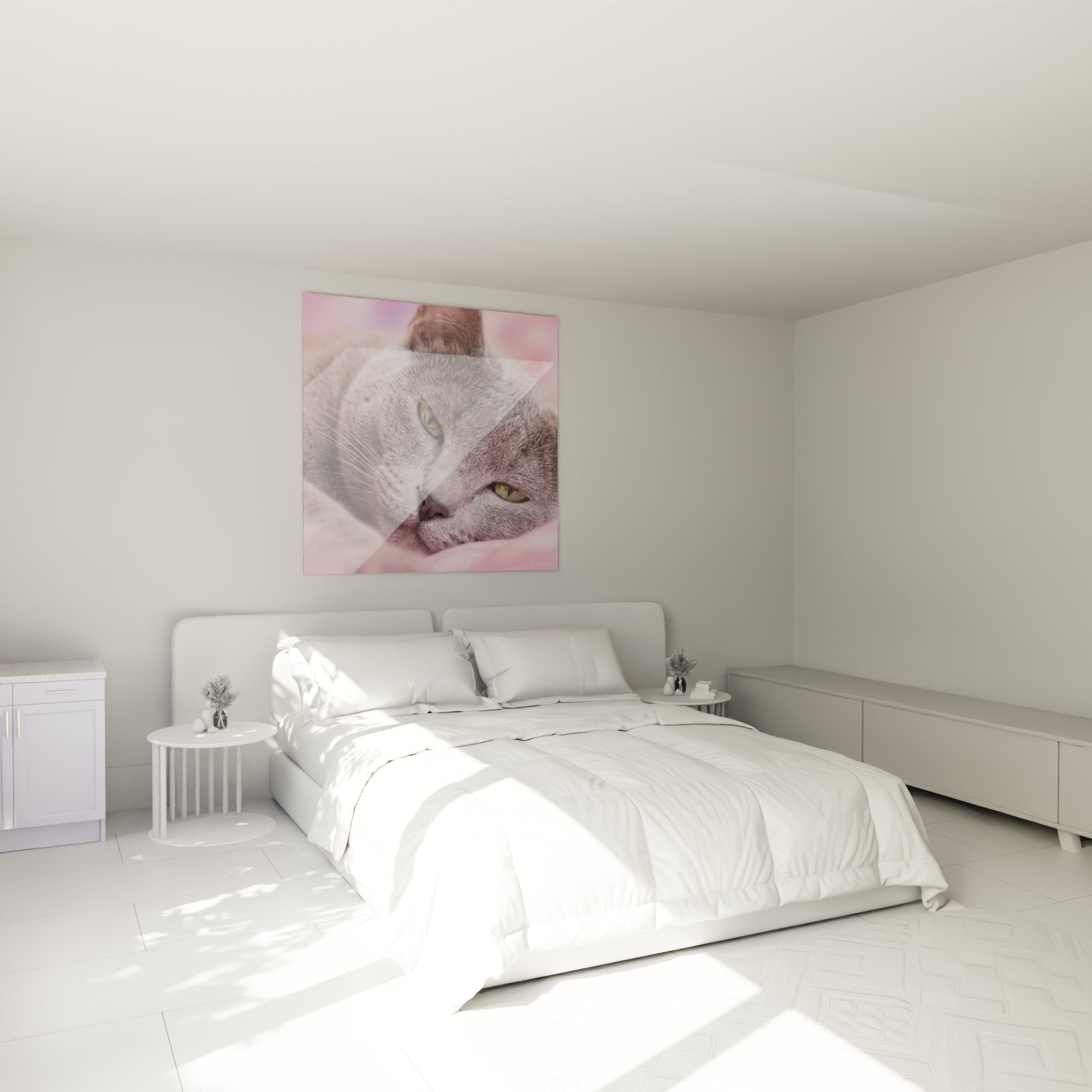 Tableau chat Korat installé dans chambre moderne, ambiance douce et apaisante pour décoration intérieure