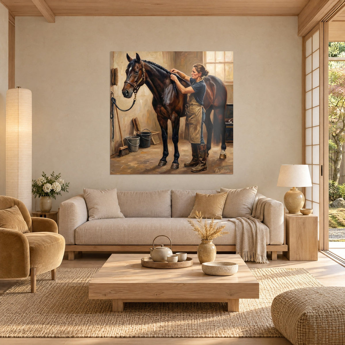 Quadro di un mozzo che intreccia la criniera di un castrone baio scuro, grembiule color sabbia, polo blu notte, sopra un divano in un soggiorno luminoso