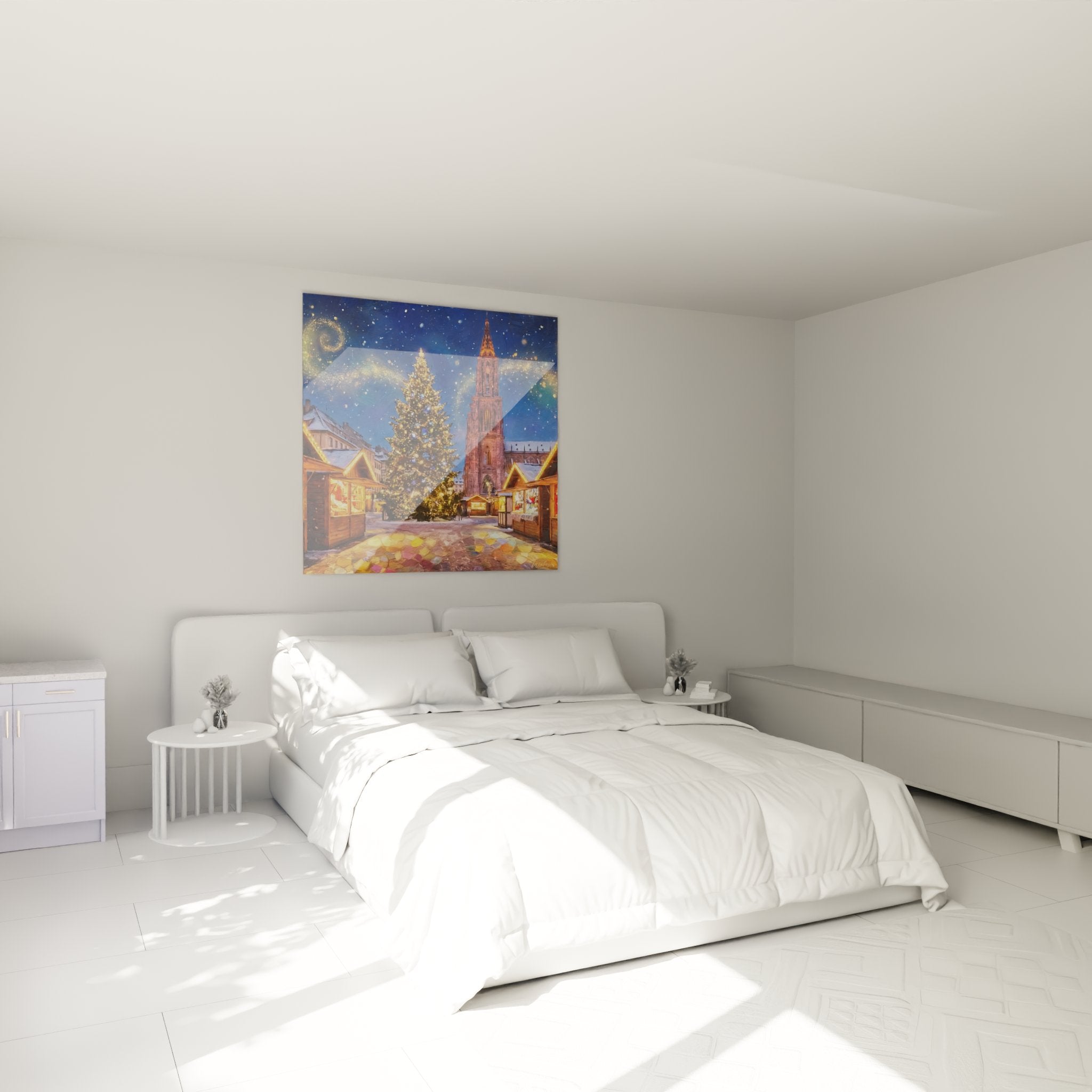 Bild des Weihnachtsmarktes im Elsass im gemütlichen Schlafzimmer, warme Wanddekoration im Straßburger Stil