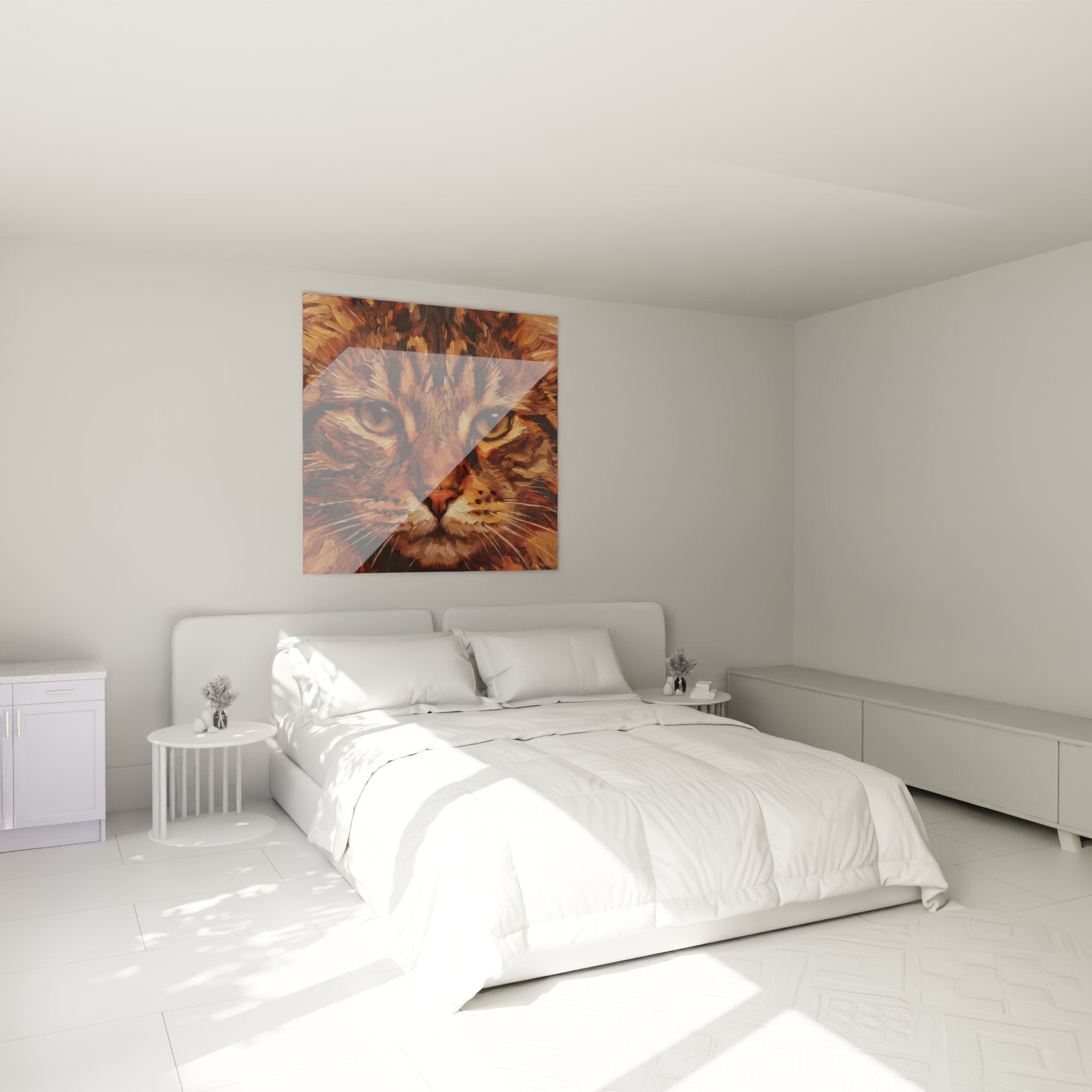 Tableau chat roux American Bobtail dans chambre moderne, decoration murale feline chaleureuse
