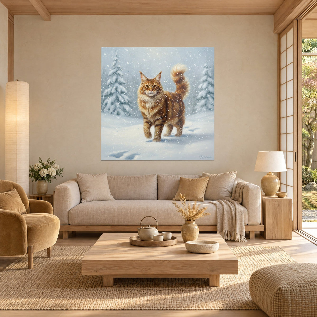 Tableau chat roux tigré au pelage fourni, flocons blancs et sapins givrés, au-dessus d'un canapé dans un salon lumineux