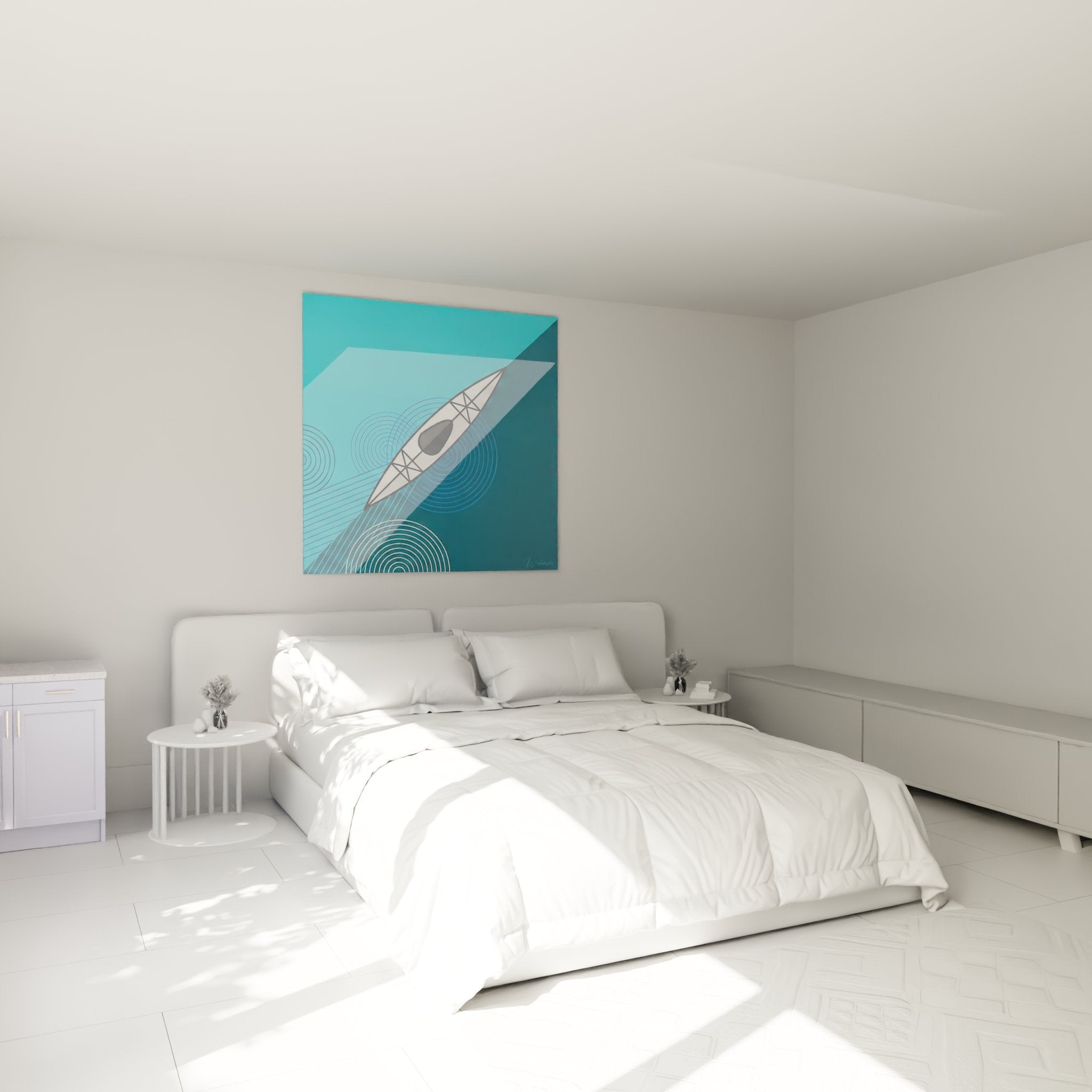 Tableau kayak turquoise décorant une chambre moderne avec ambiance nautique relaxante