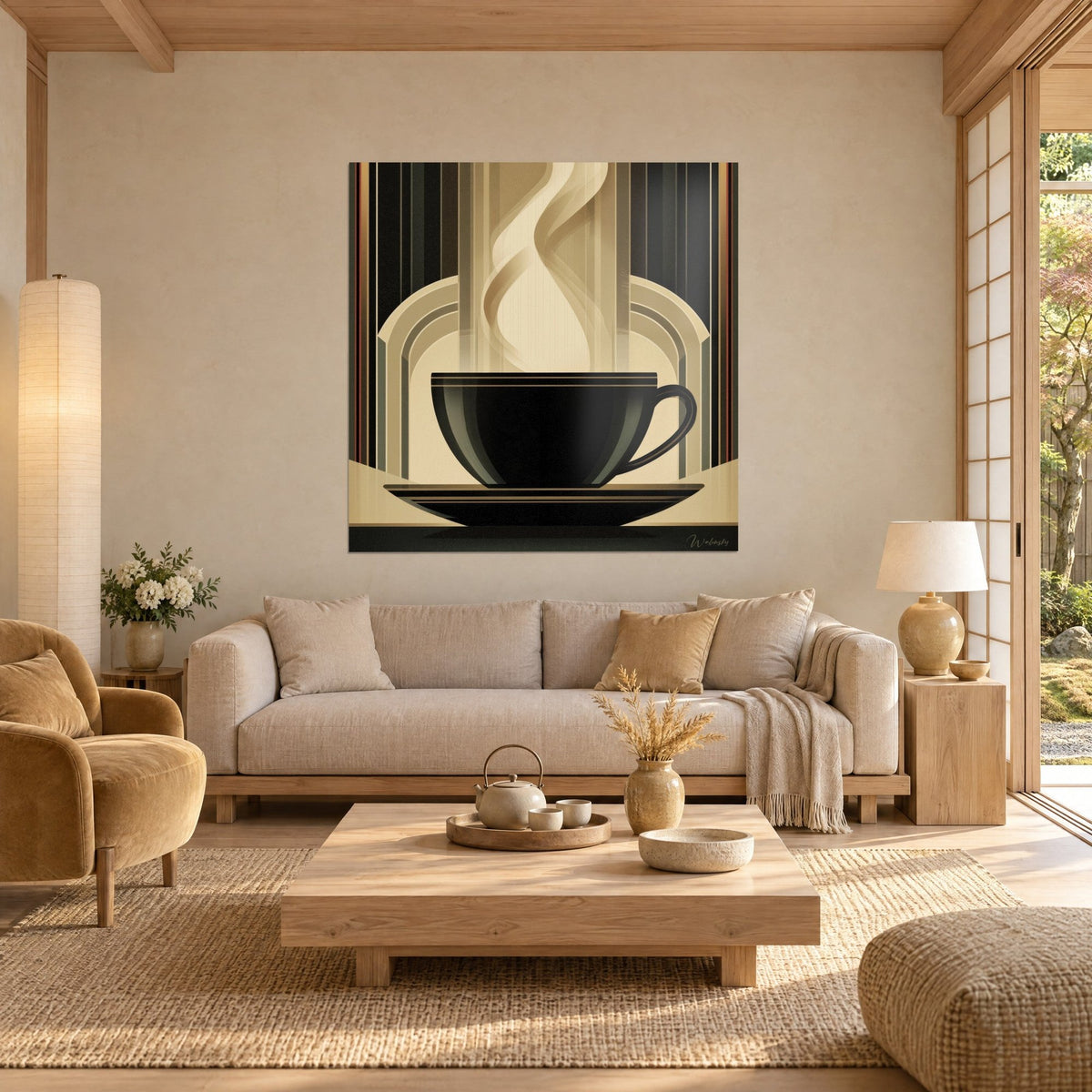 Gemälde schwarze Kaffeetasse mit cremefarbenen geschwungenen Dampfschwaden auf beige-weiß gestreiftem Grund, Art déco, über einem Sofa in einem hellen Wohnzimmer