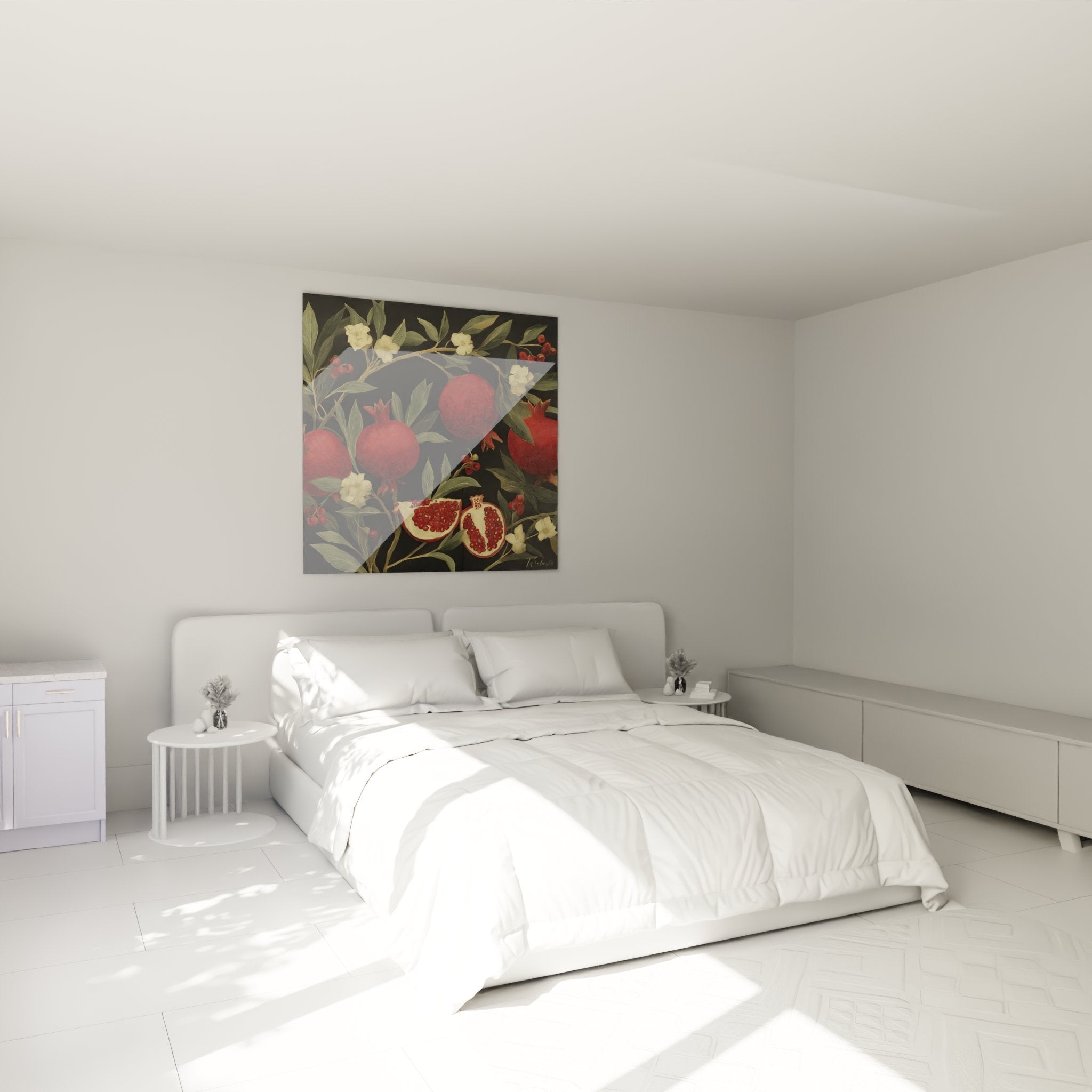 Granatapfel-Kunstdruck Art-Déco im modernen Schlafzimmer, elegante Wanddekoration mit roten Früchten