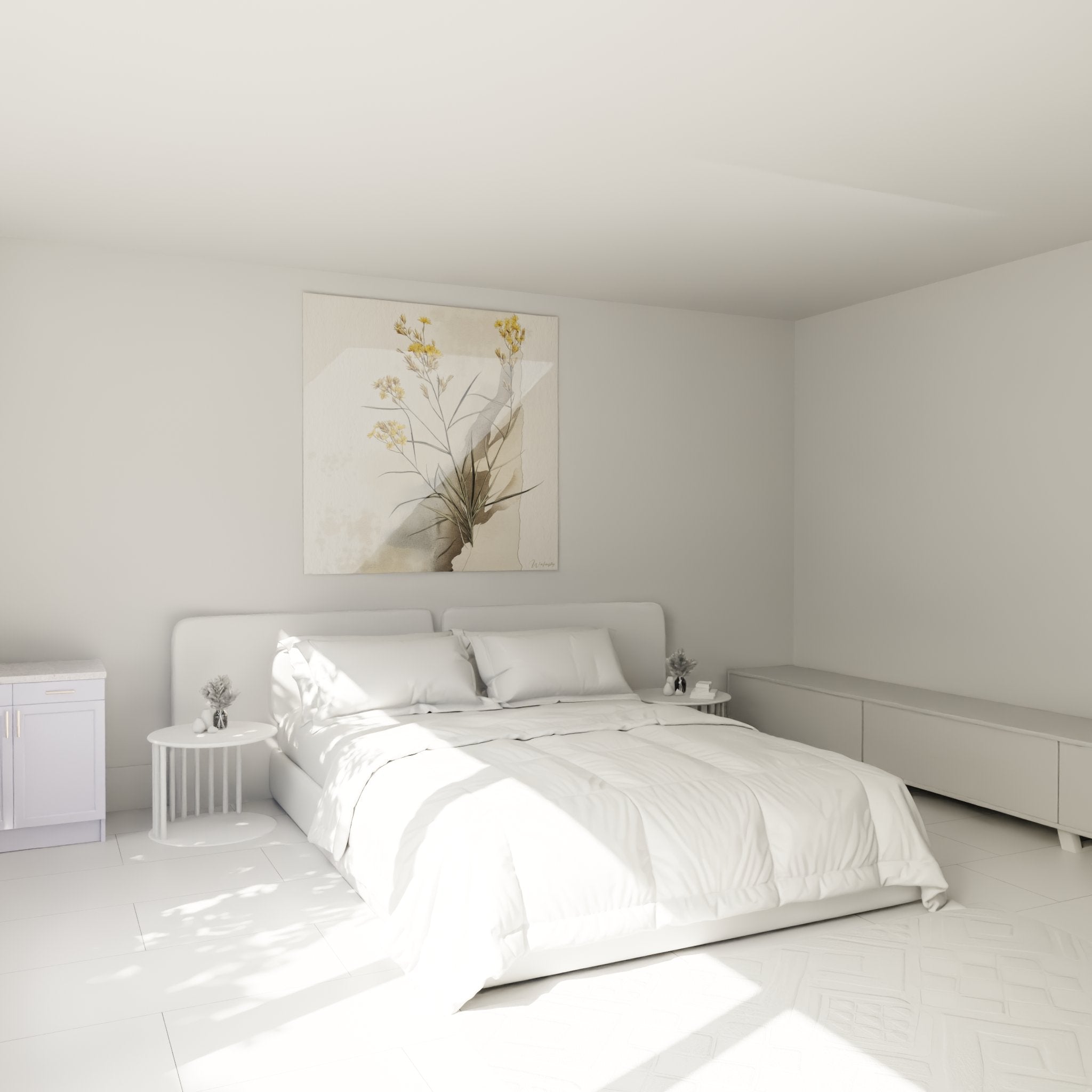 Tableau fleurs sauvages dores accroche au mur chambre decoration botanique elegante ambiance sereine