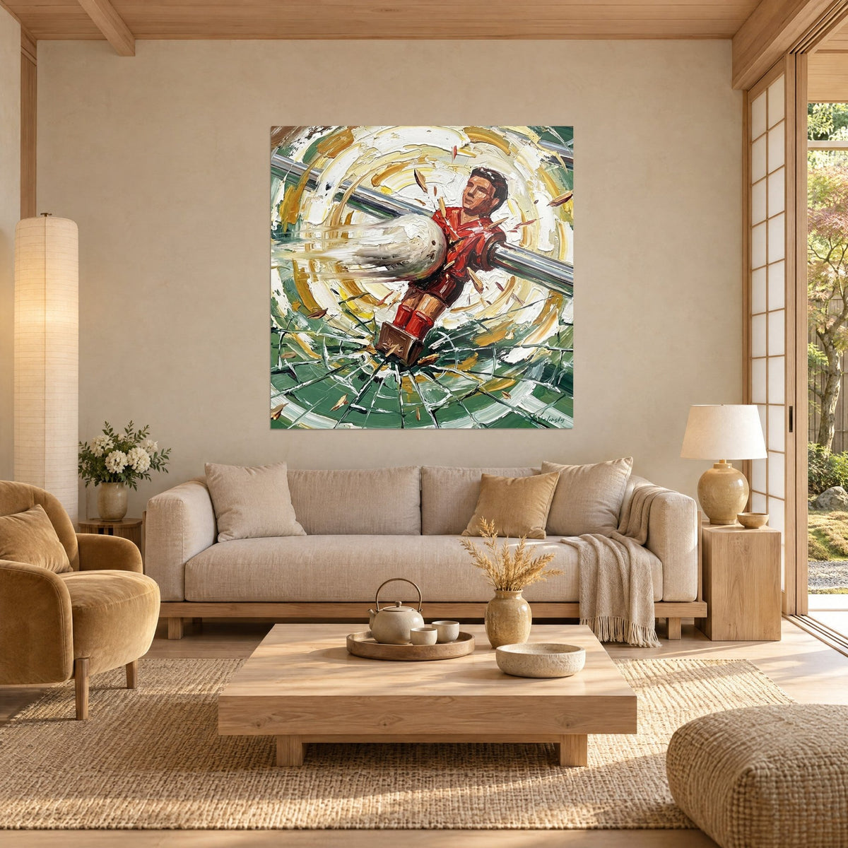 Schilderij van een rode tafelvoetbalspeler die een witte bal schiet, groene en gele glasscherven, boven een bank in een lichte woonkamer