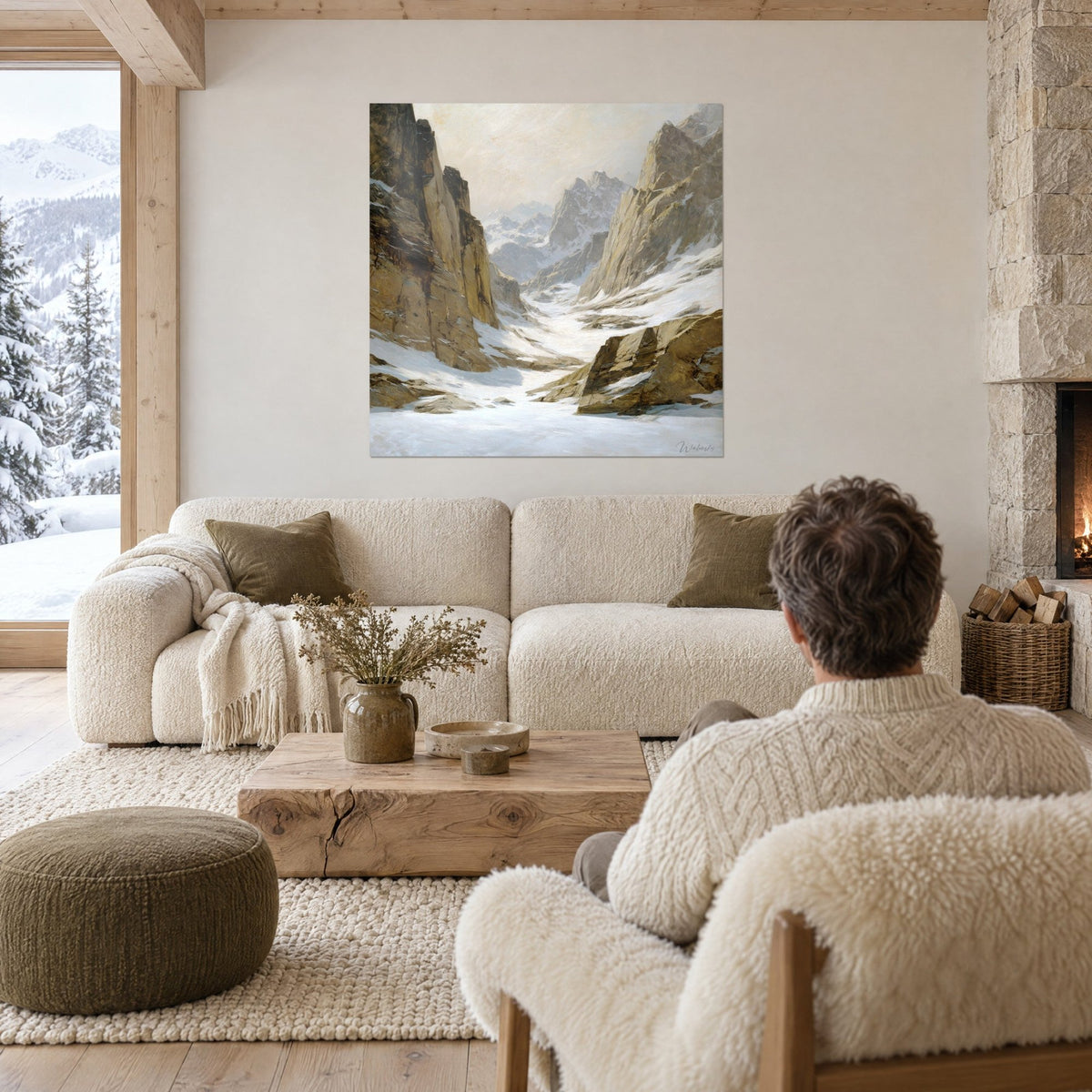 Tableau vallée glaciaire entre parois d'ocre et de brun, neige blanche au premier plan, au-dessus d'un canapé dans un salon lumineux