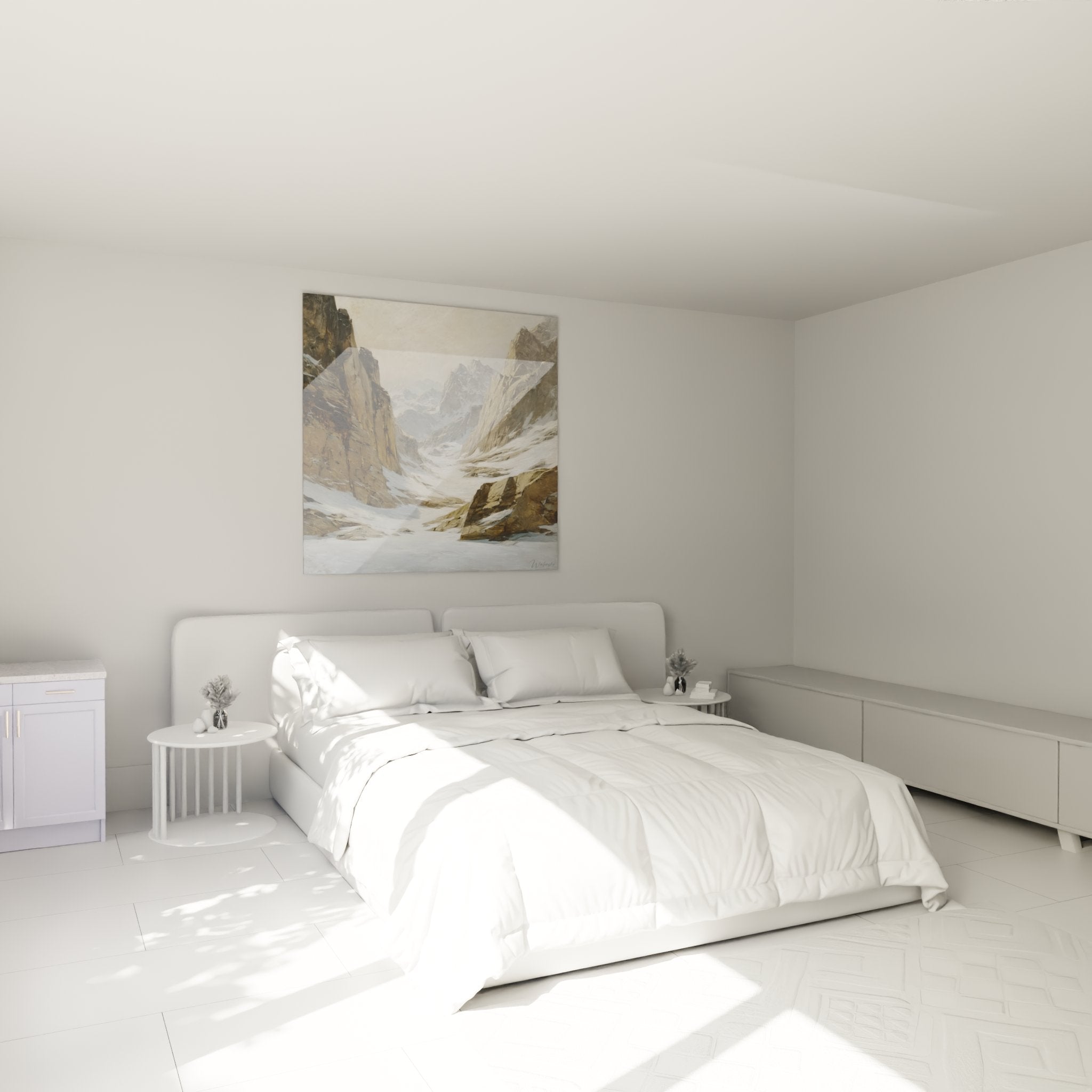 Décoration chambre avec tableau vallée montagne neige, ambiance cocooning nature Pyrénées sur mur blanc