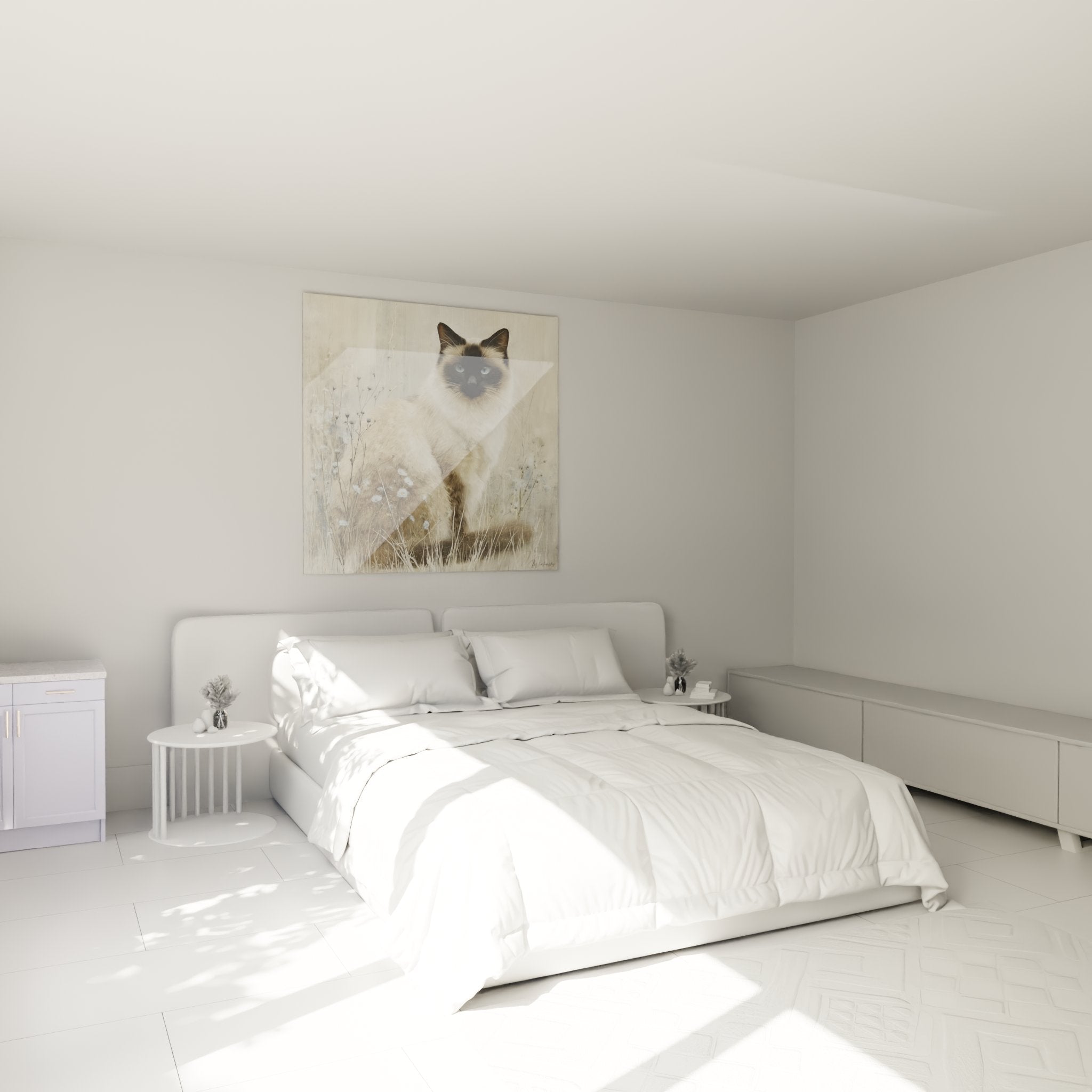 Quadro gatto Birmano prato fiorito appeso al muro camera da letto decorazione murale rilassante toni beige