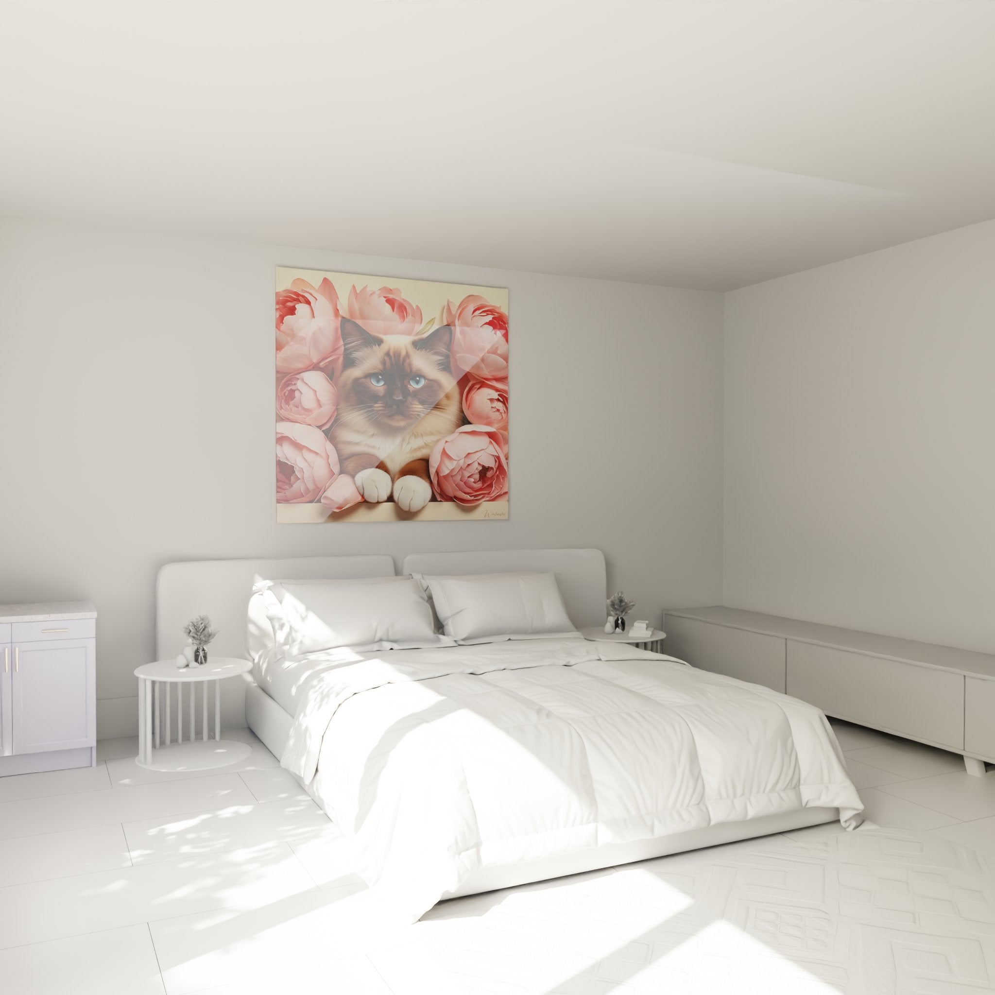 Decorazione camera da letto con quadro gatto Birmano e peonie rosa, atmosfera dolce e romantica per interno accogliente